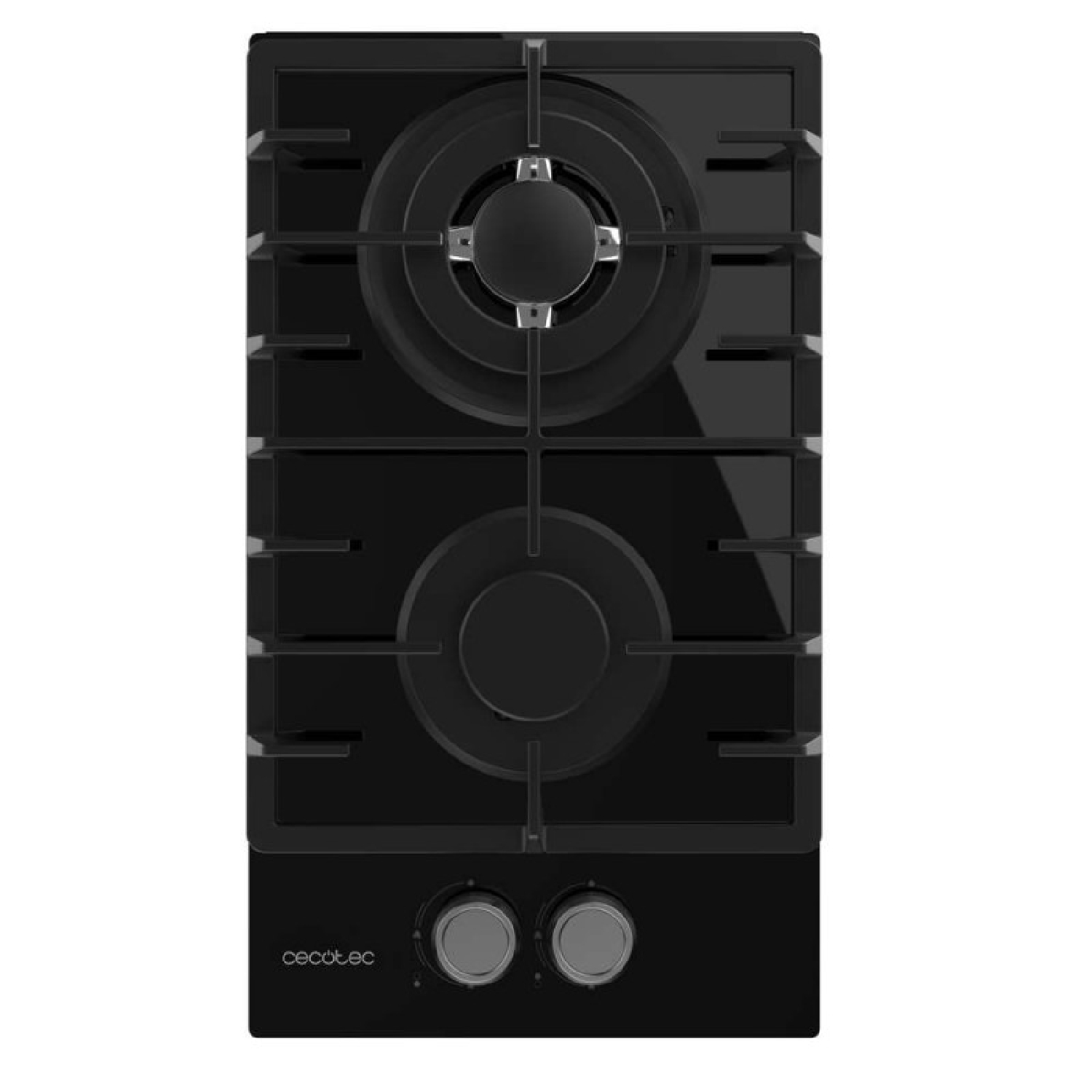 Czarna płyta kuchenna z dwoma palnikami. Widok z przodu, na białym tle.