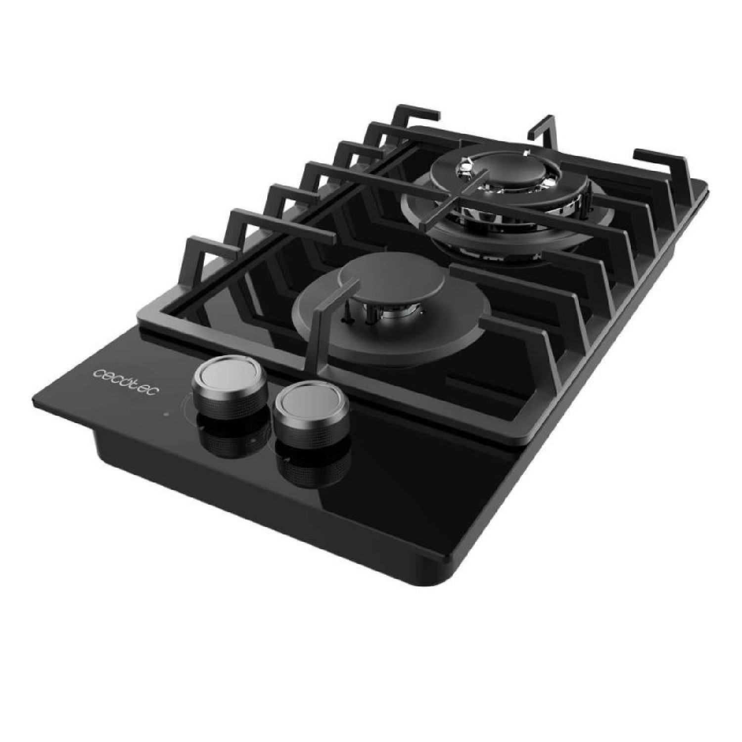 Płyta grzewcza ze stali nierdzewnej z dwoma palnikami. Pokrętła poniżej. Widok z góry.