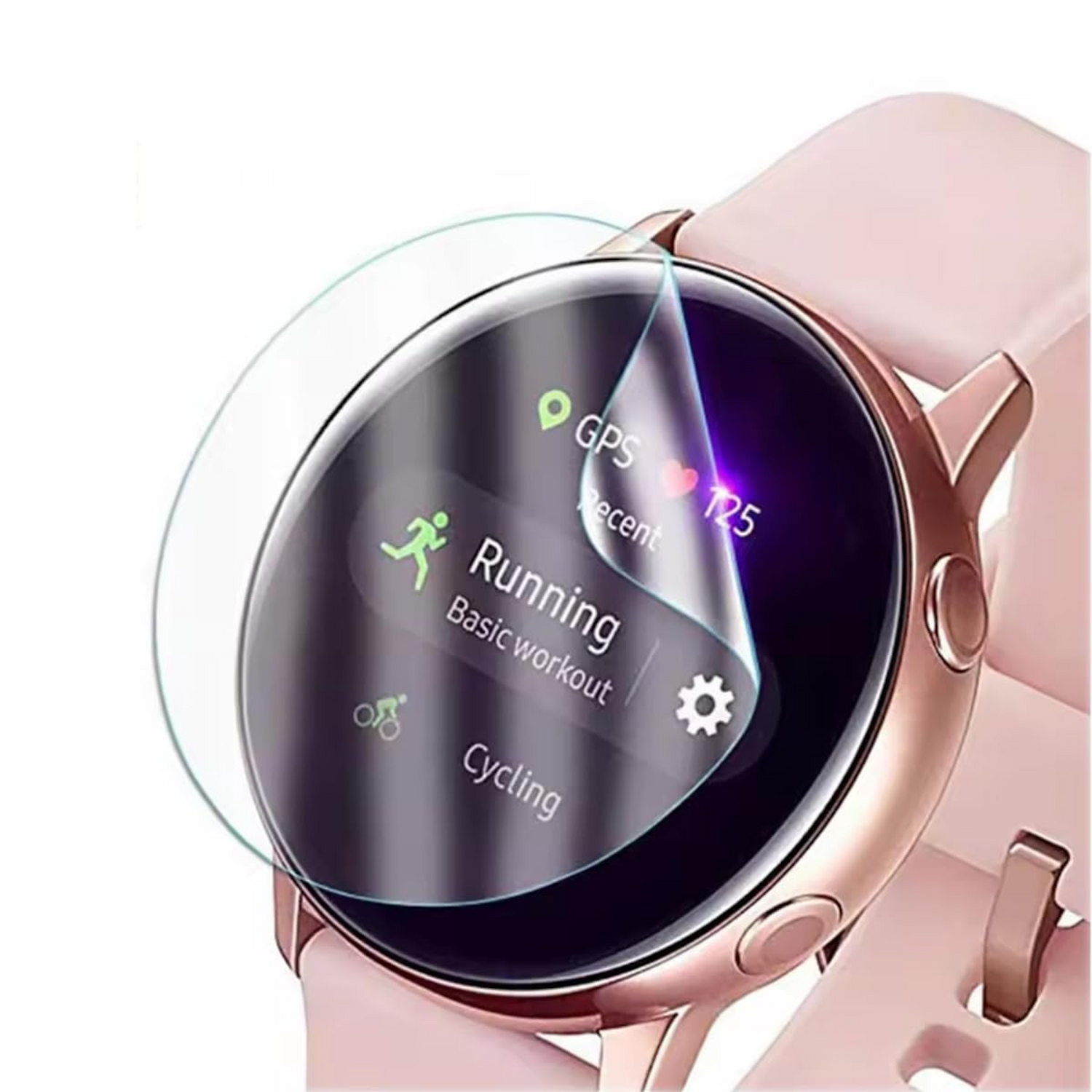 Uno smartwatch con una protezione per lo schermo applicata. Lo schermo mostra icone di corsa e ciclismo, e GPS.