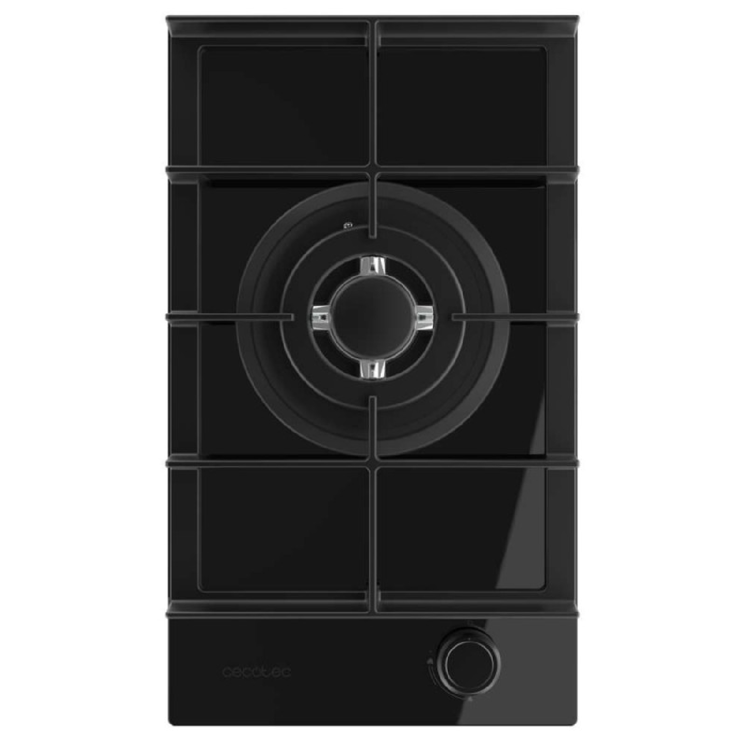 Una cocina de gas negra con un quemador central, cuatro cuadrados y una perilla en la parte inferior derecha.