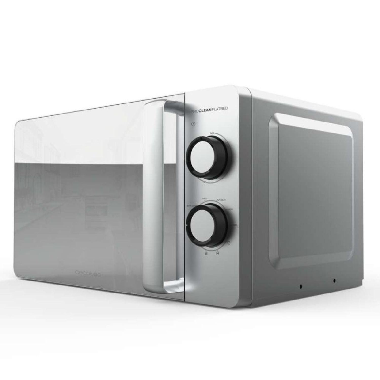 Un forno a microonde argentato con due manopole e una maniglia, su sfondo bianco.