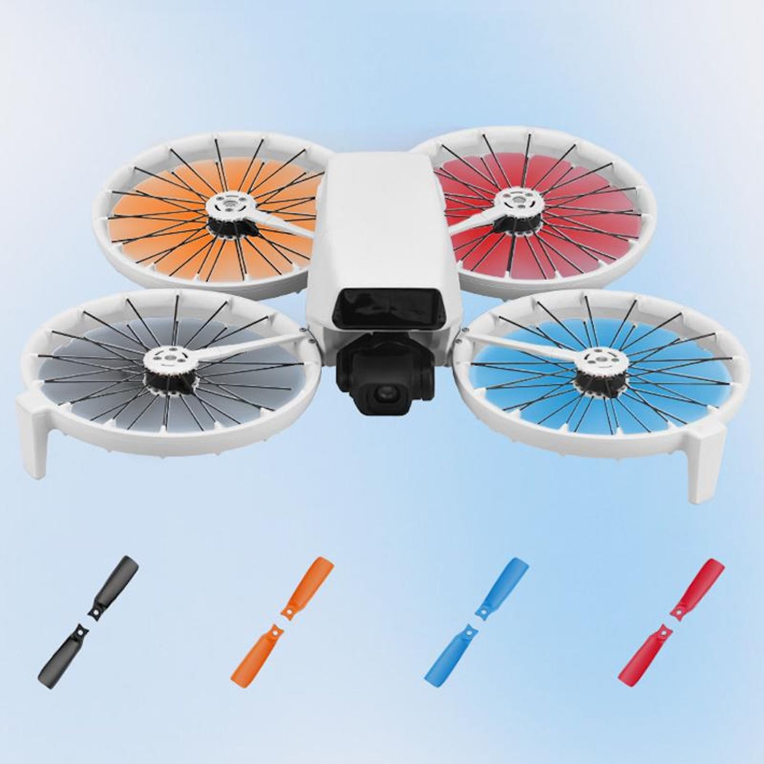 Drone bianco, quattro eliche arancioni, rosse, blu e nere. Le pale sono in basso.