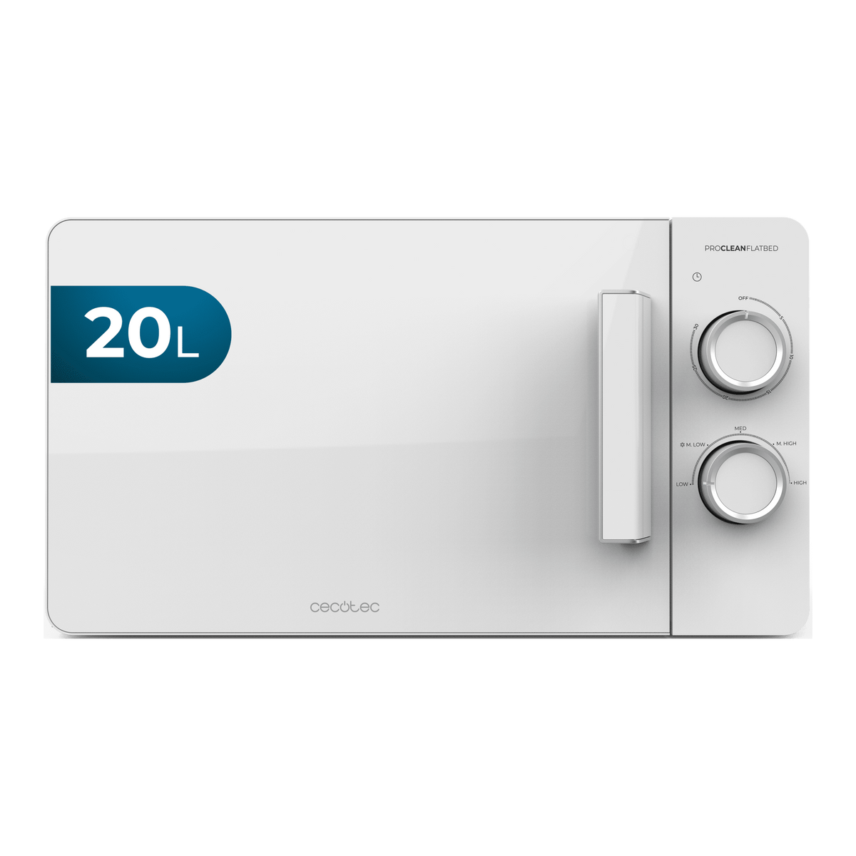 Forno a microonde bianco con etichetta blu 20L e manopole di controllo sul lato destro.