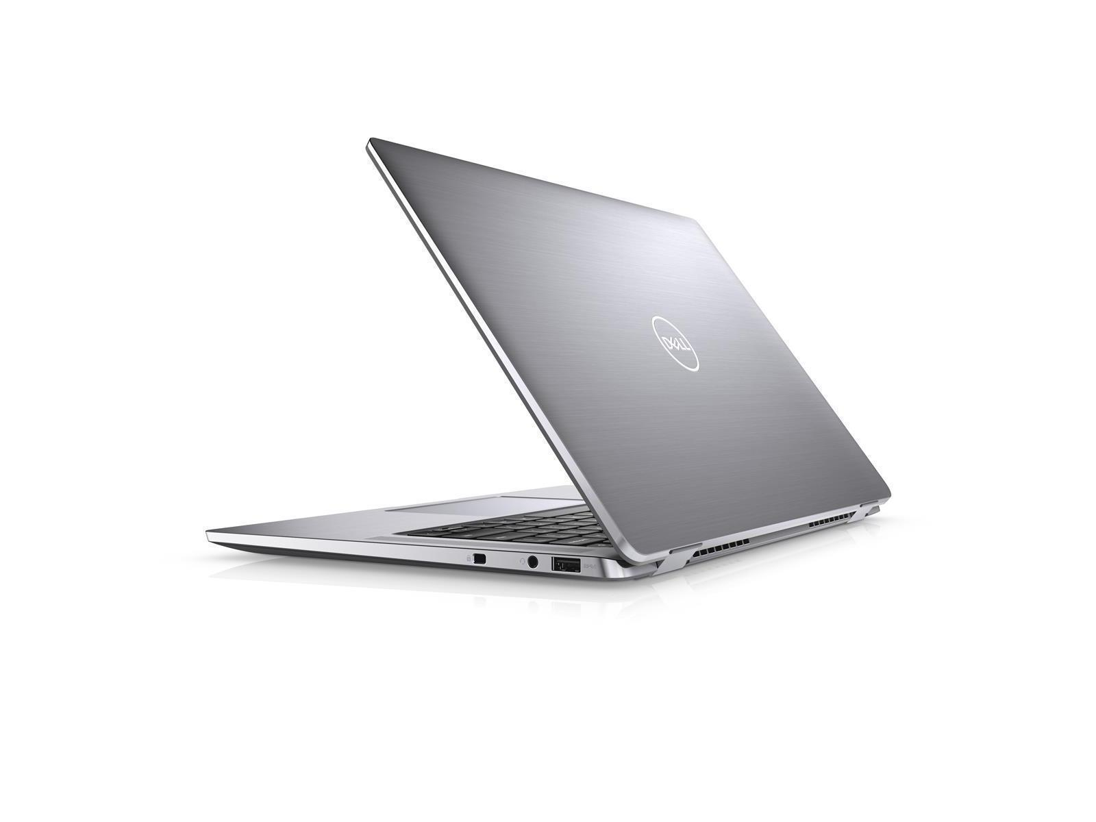Silberner Laptop mit Dell-Logo, geöffnet, auf weißem Hintergrund.