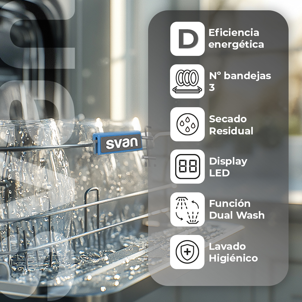 Interior de lavavajillas con vasos, pantalla e iconos informativos.