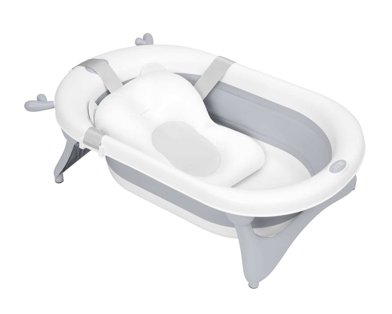 Bañera para bebé, blanca con detalles grises, con reposacabezas y correas.