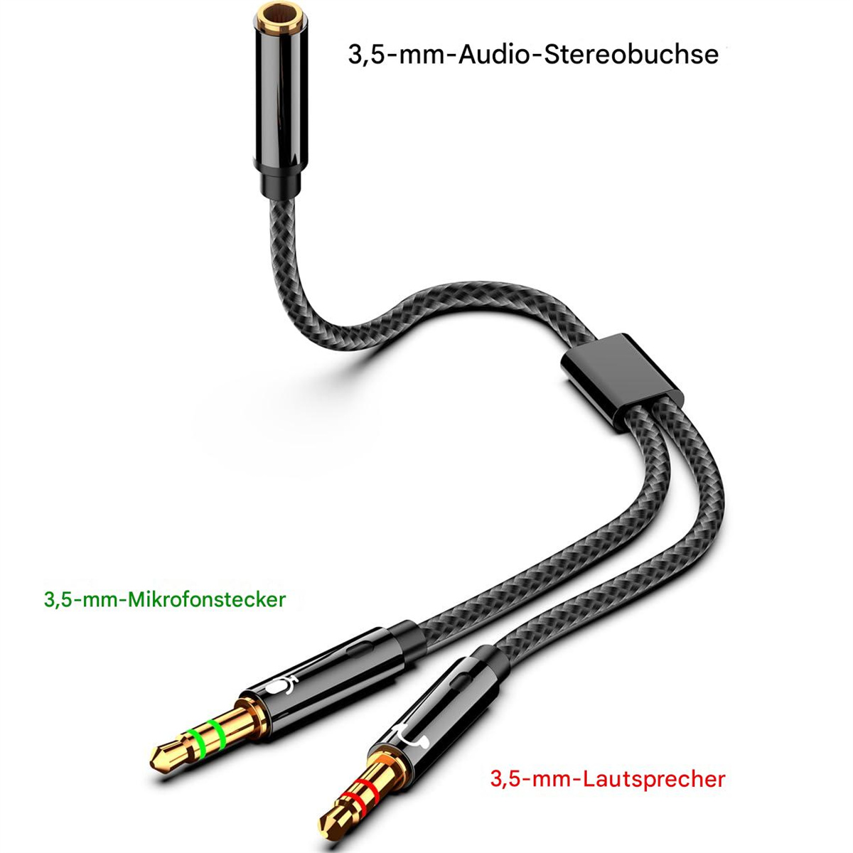 Nahaufnahme eines 3,5-mm-Audio-Splitterkabels. Ein Ende hat einen 3,5-mm-Stecker, zwei Enden haben Buchsen.
