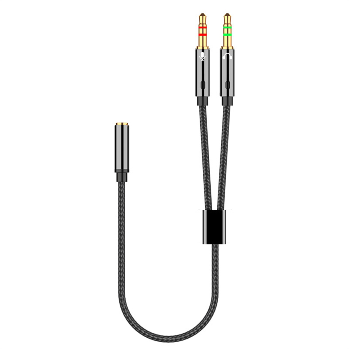 Ein schwarzes Audio-Splitterkabel mit einem goldenen Stecker und zwei farbcodierten Buchsen.