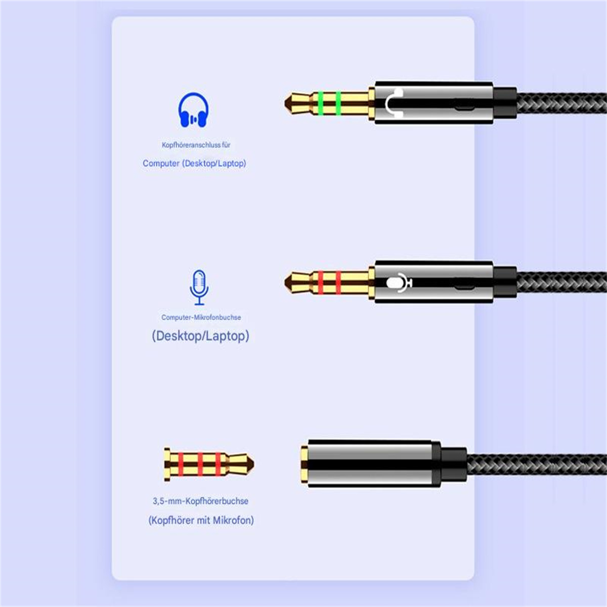 Diagramm von Audioanschlüssen: Kopfhörer, Mikrofon und 3,5-mm-Kopfhöreranschluss mit Mikrofon, mit Beschriftungen.