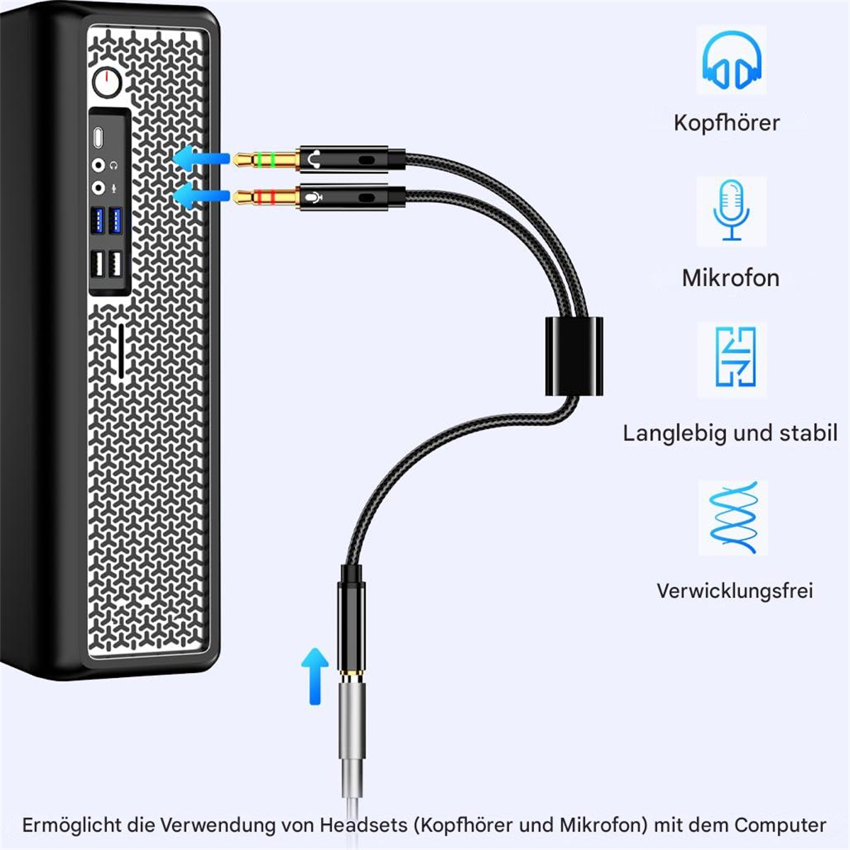 Ein Computerturm mit Audioanschlüssen und einem Splitterkabel, das mit Kopfhörern und einem Mikrofon verbunden ist.