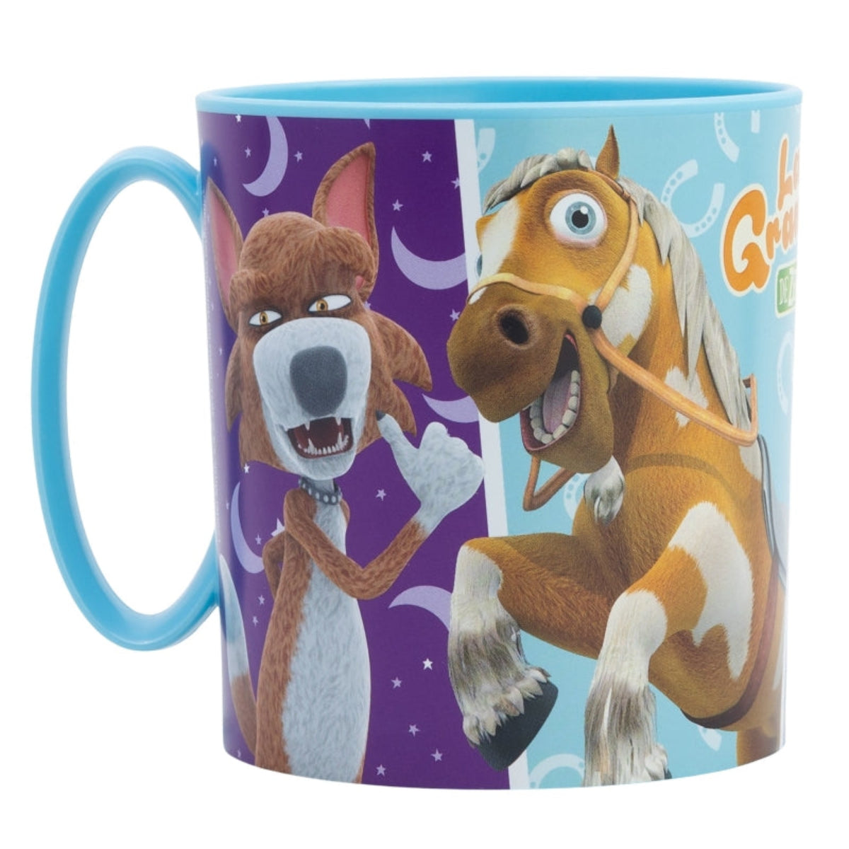 Una taza con personajes de dibujos animados de un lobo y un caballo.