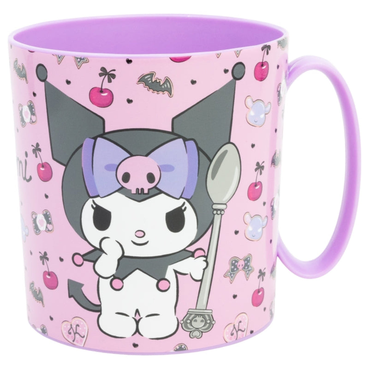Eine rosa Tasse mit einer Cartoonfigur. Die Figur ist schwarz mit einer lila Schleife und einem Löffel. Die Tasse hat einen rosa Griff.