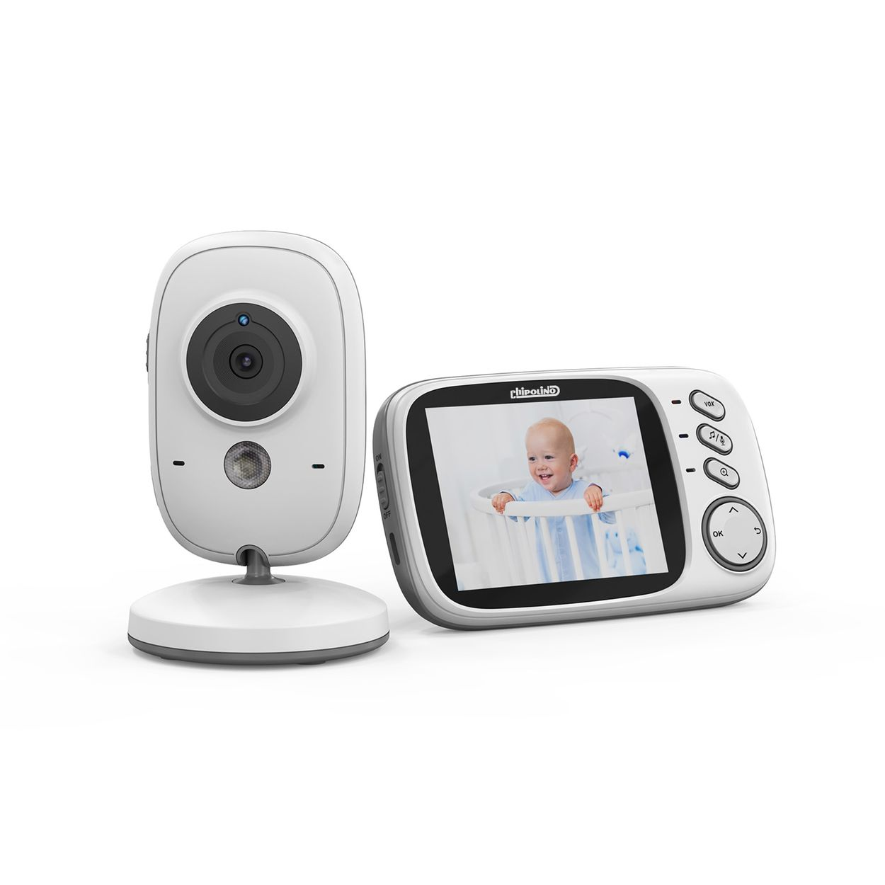 Ein weißer Babyphone mit Kamera und Bildschirm zeigt ein Bild eines lächelnden Babys in einer Krippe.