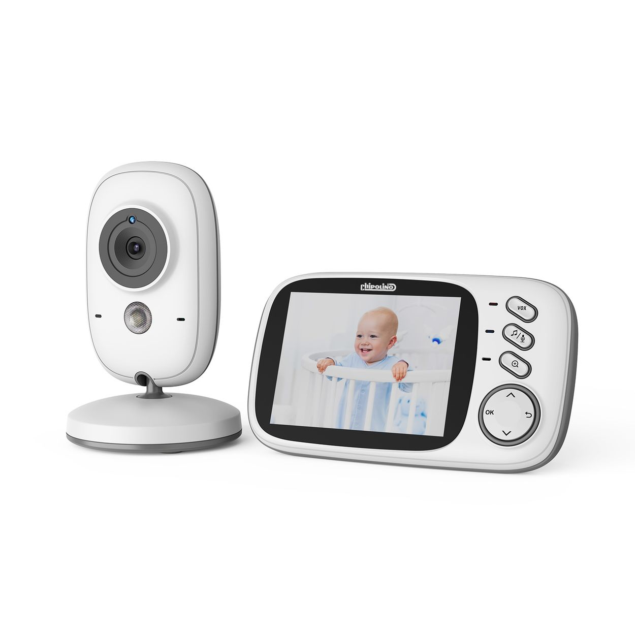 Ein weißer Babyphone mit Kamera und Bildschirm zeigt ein Bild eines lächelnden Babys in einer Krippe.
