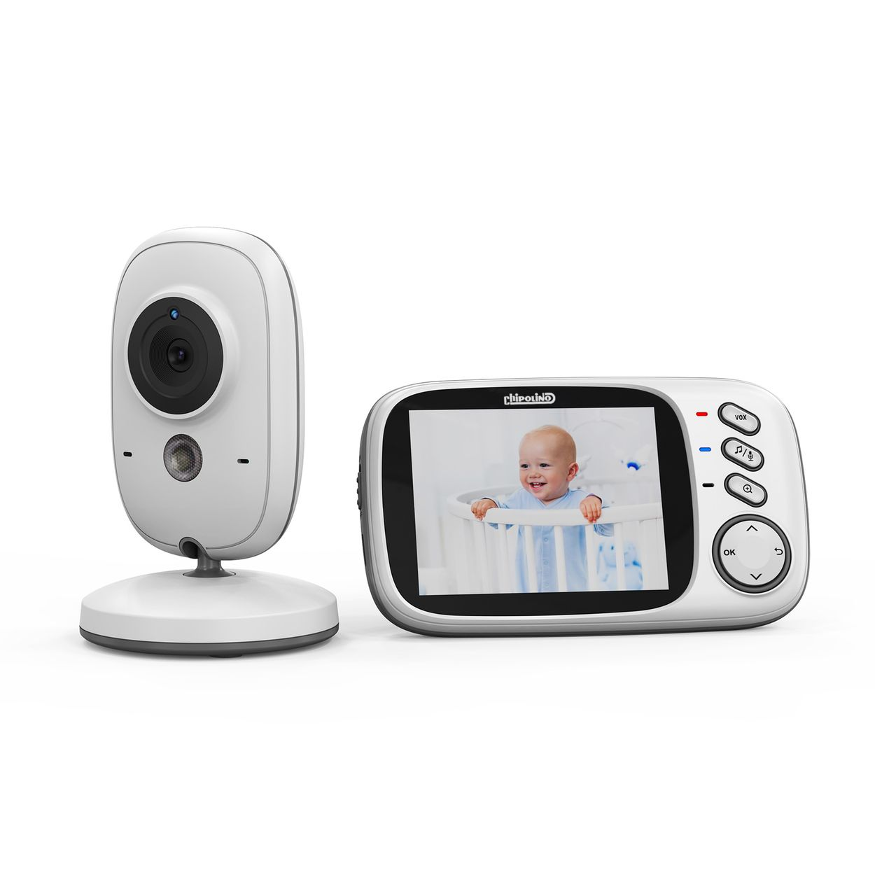 Ein weißer Babyphone mit Kamera und Bildschirm zeigt ein Bild eines lächelnden Babys in einer Krippe.