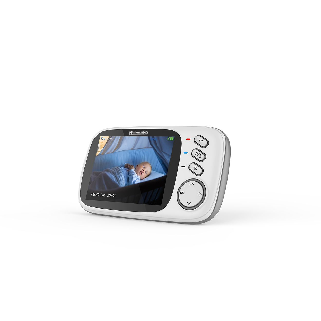 Ein Babyphone-Bildschirm zeigt ein Baby in einem Kinderbett. Der Monitor hat Steuertasten. Zeit und Datum werden angezeigt.