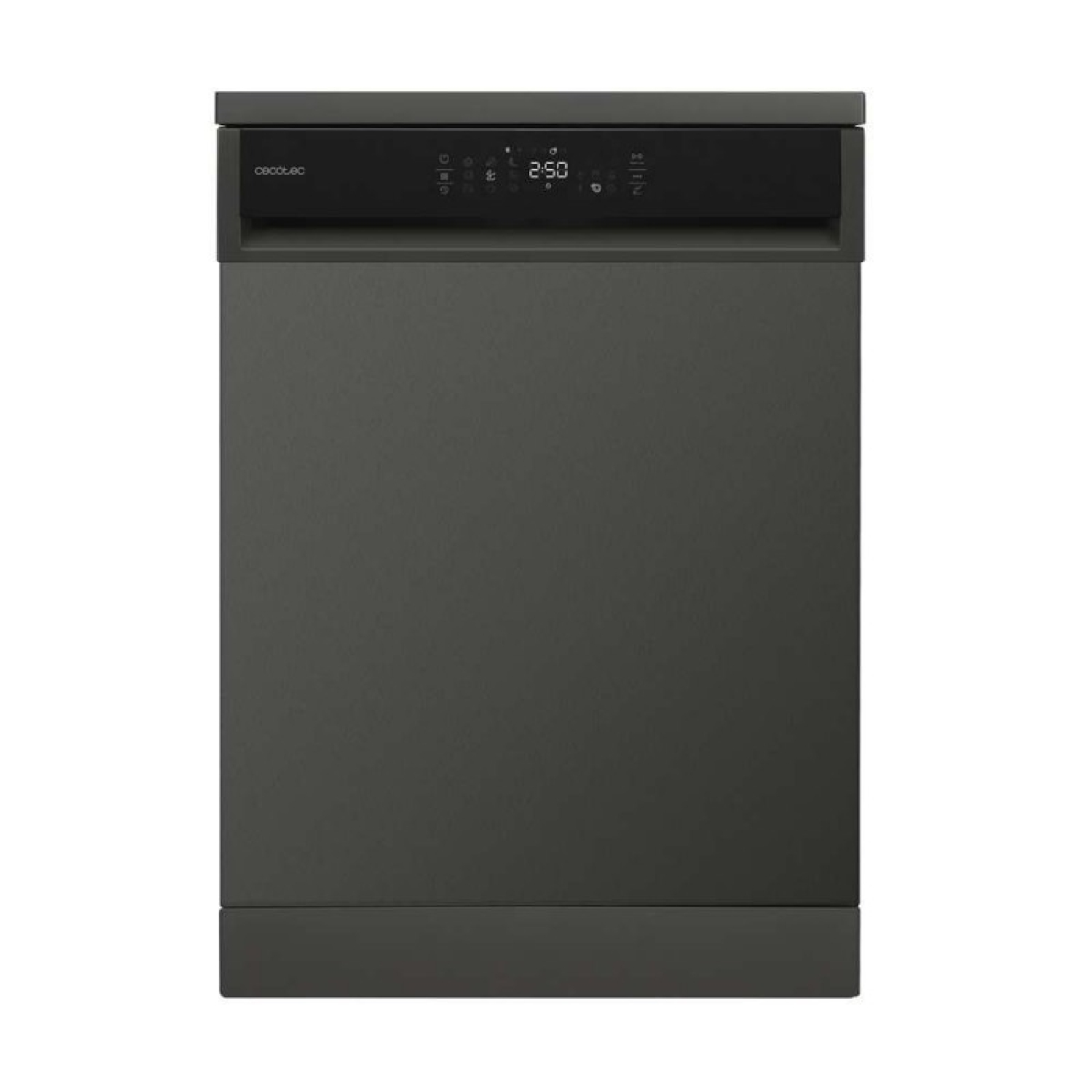 Una lavastoviglie grigio scuro con marchio Cecotec e un display digitale che mostra 2:50.