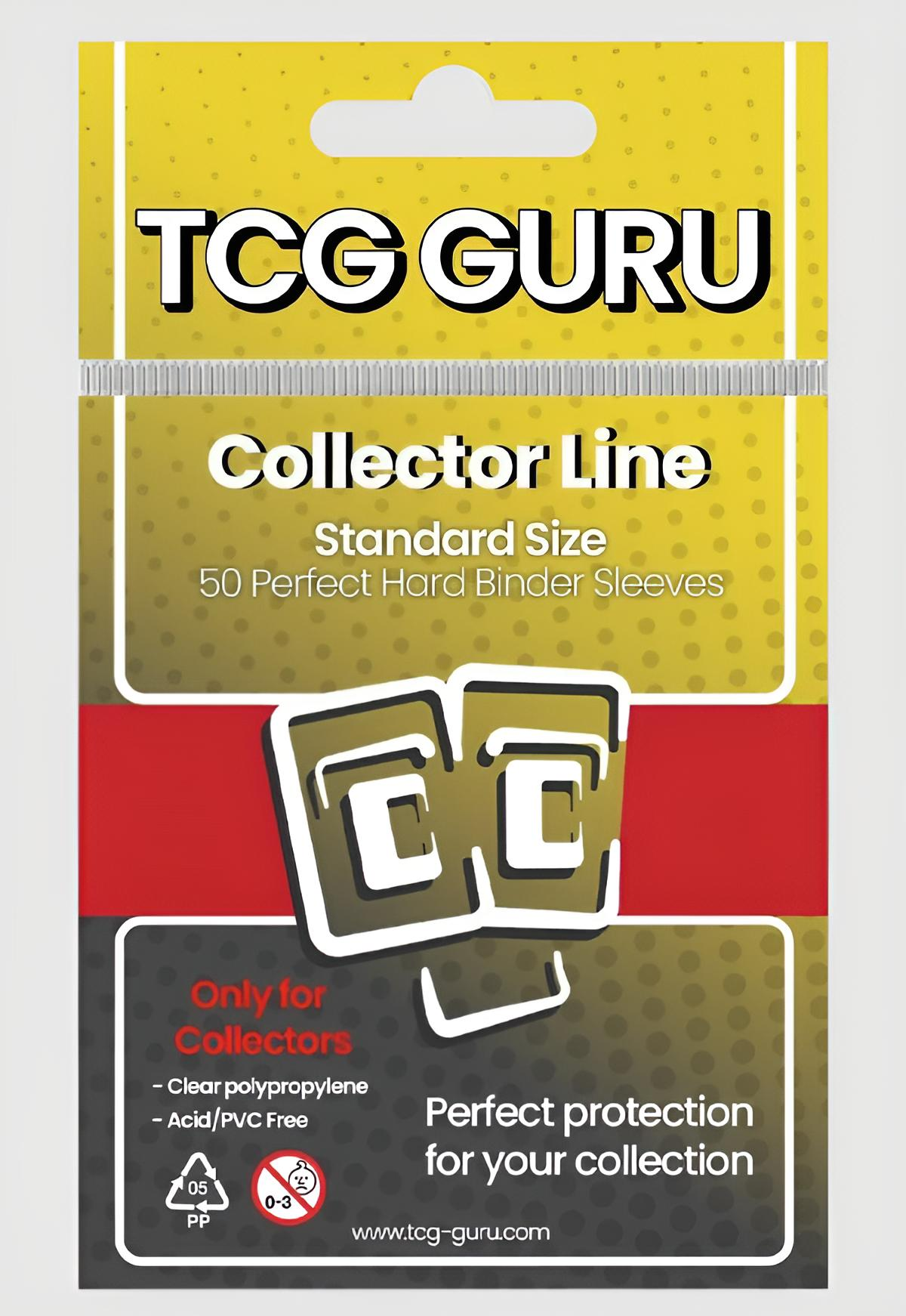 TCG GURU Kartenhüllen-Verpackung. Gelber Hintergrund mit rotem Streifen und weißem Text.