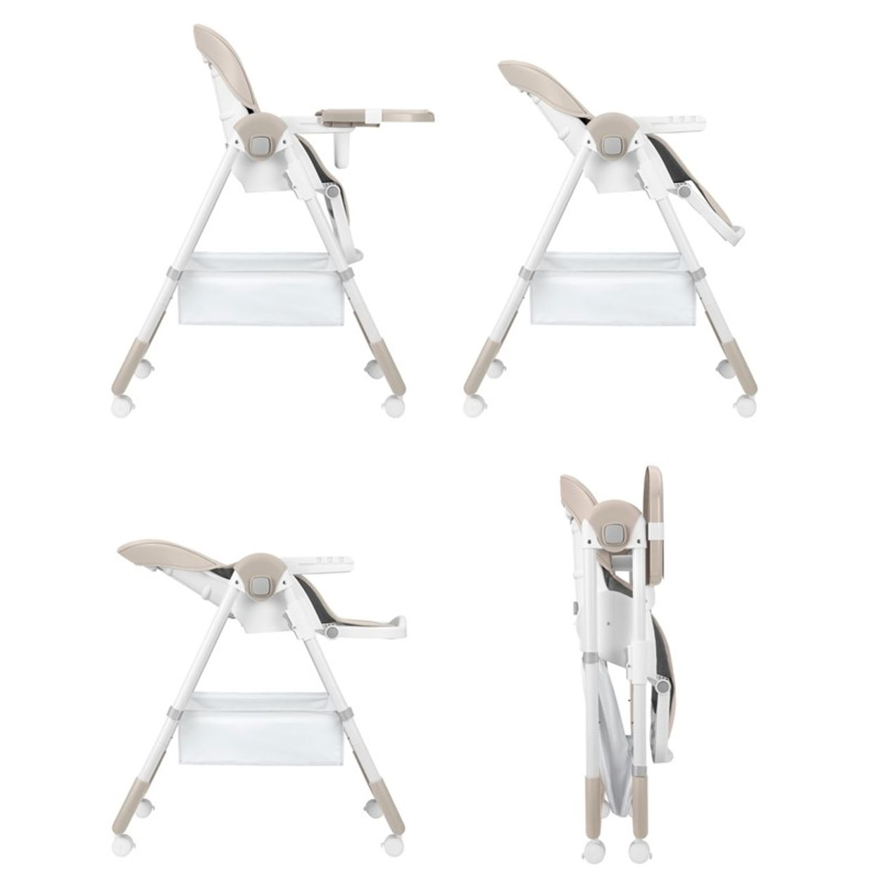 Cuatro vistas de una silla alta para bebé blanca y beige, plegada y desplegada.