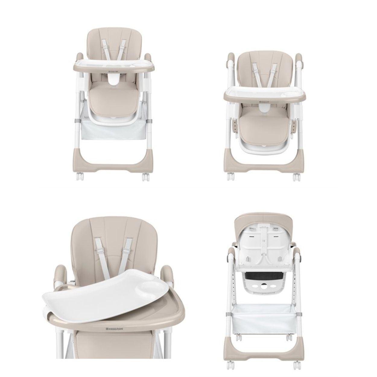 Cuatro vistas de una silla alta para bebé beige y blanca.