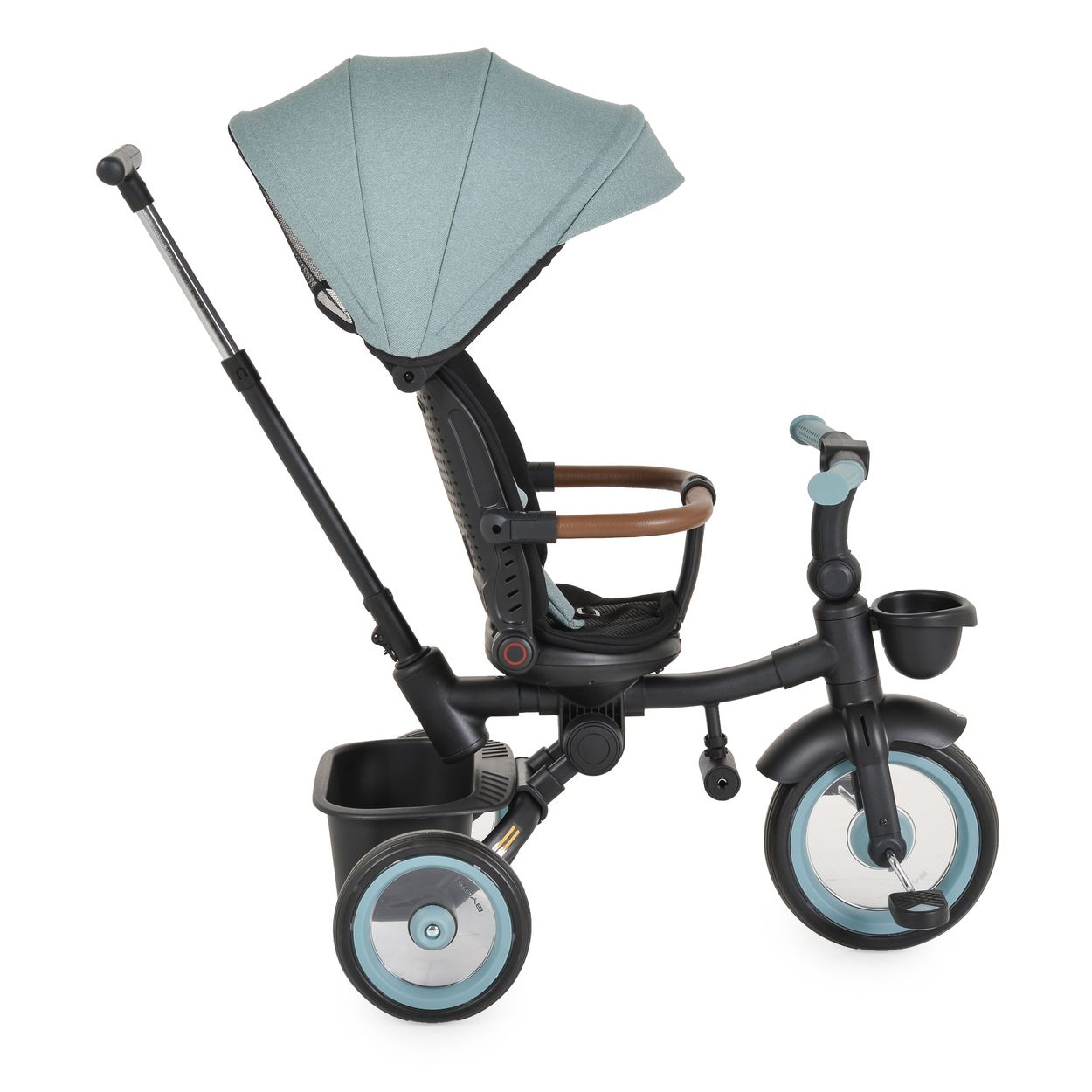 Blau-schwarzes Baby-Dreirad mit Verdeck, Korb und Eltern-Griff.