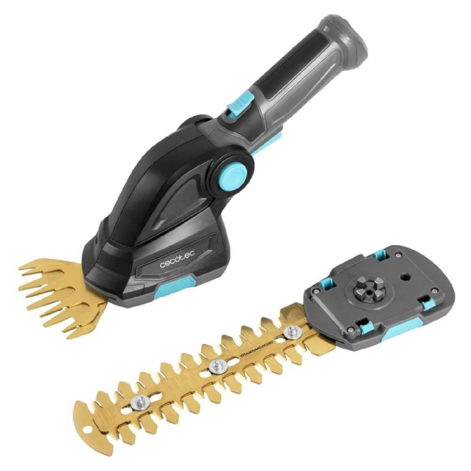 Un cortasetos eléctrico Cecotec negro y gris con dos cuchillas doradas listas para usar.