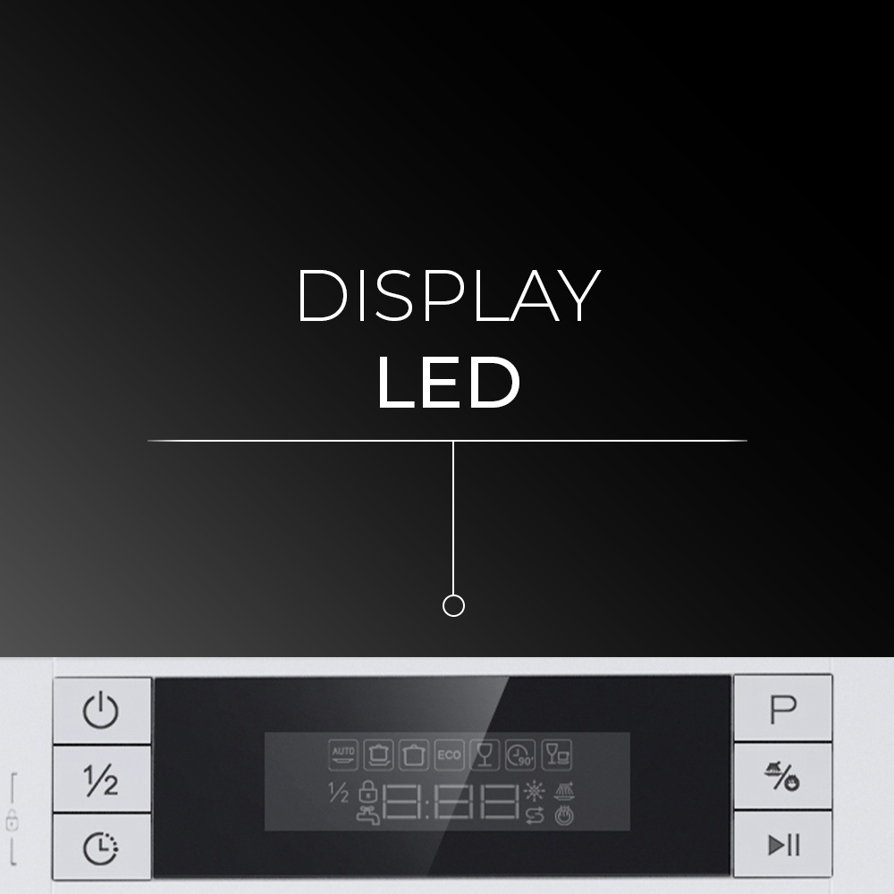 Primer plano de un panel de control de electrodomésticos blanco con pantalla negra y texto blanco.