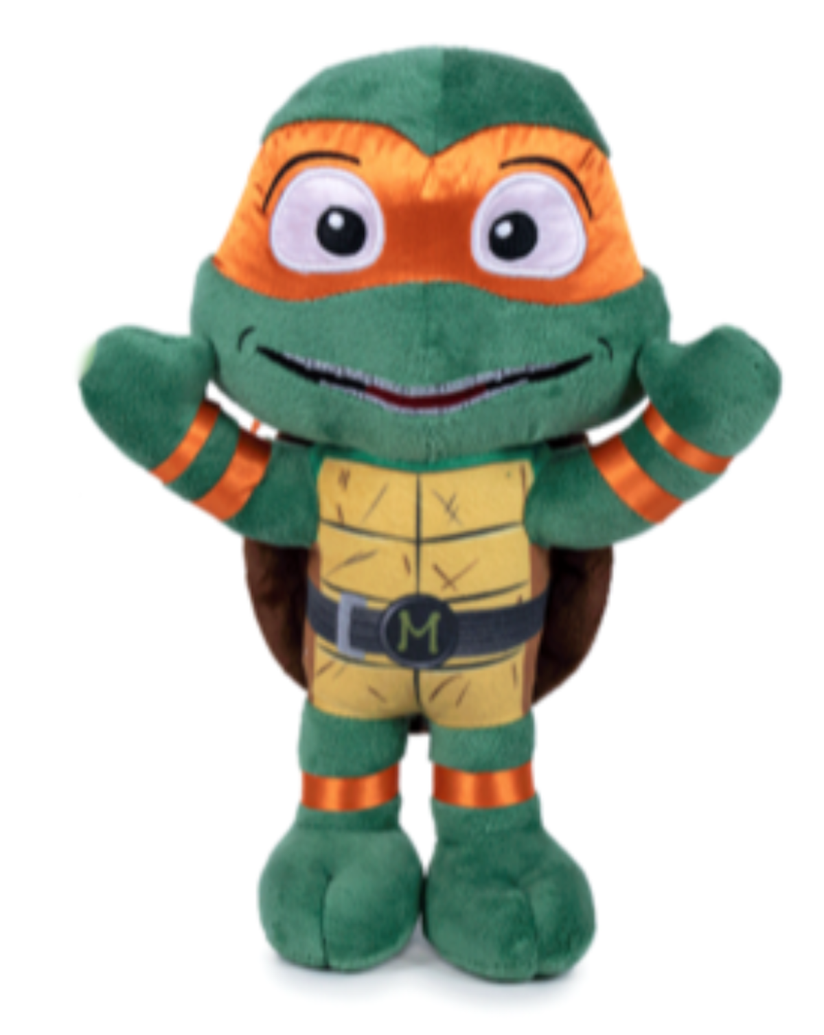 Ein Plüsch-Teenage Mutant Ninja Turtle, Michelangelo, mit oranger Maske und lächelndem Gesicht.