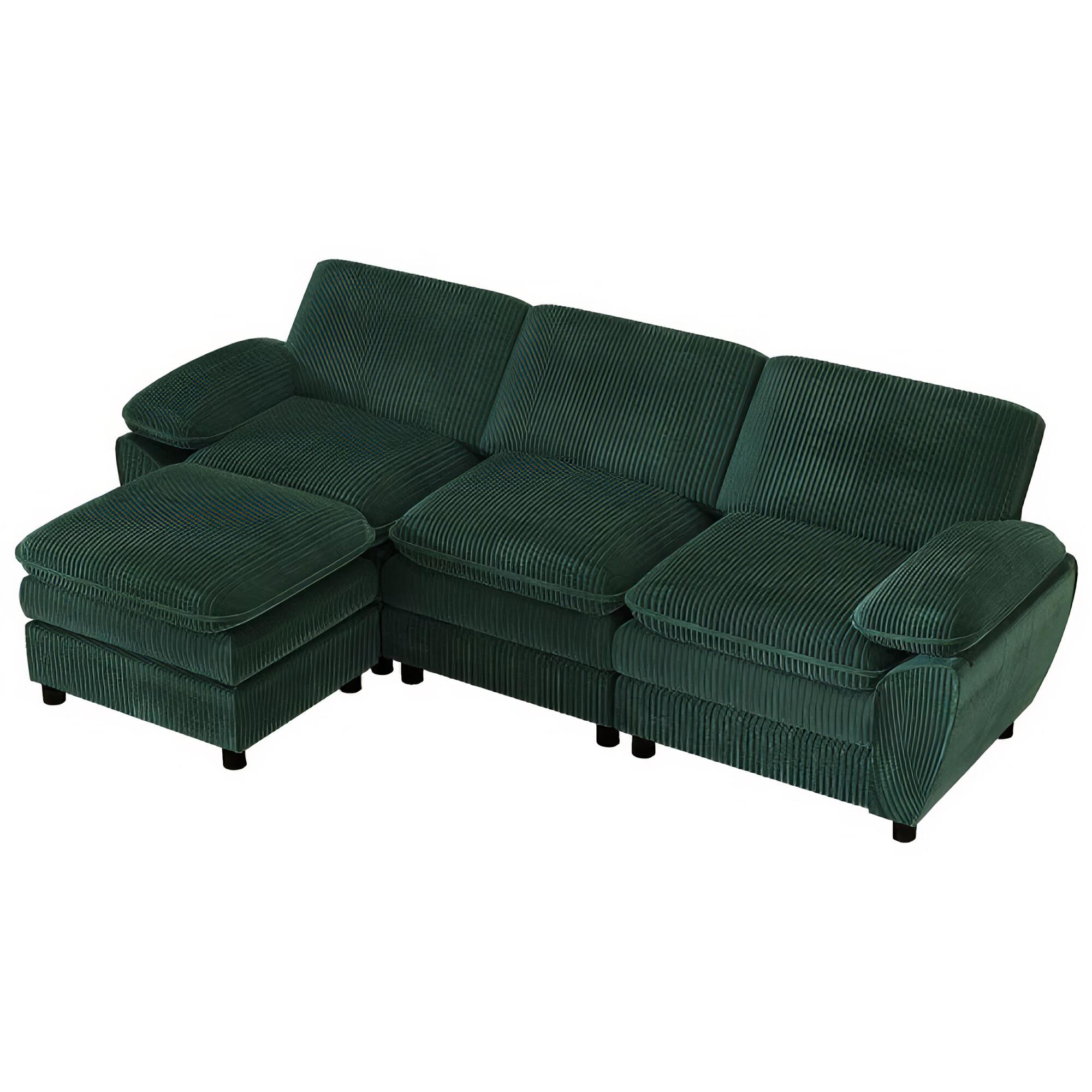 Ein dunkelgrünes Cord-Ecksofa mit Ottoman, vor weißem Hintergrund.