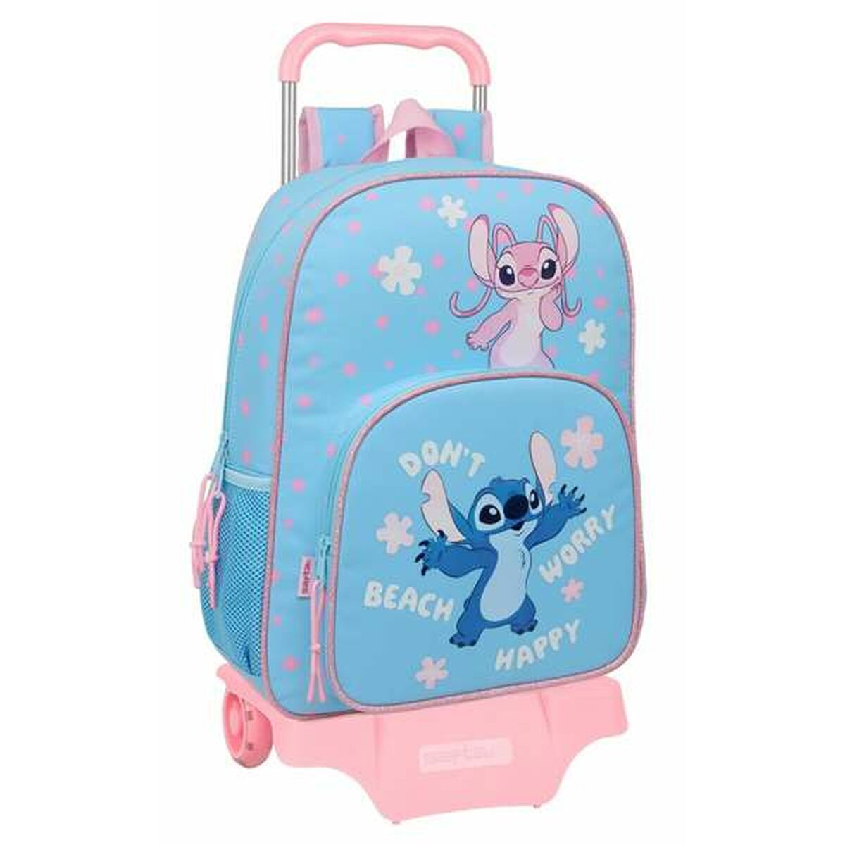 Ein blauer Rollrucksack mit Stitch und Angel auf der Vorderseite mit der Aufschrift 'Beach Worry Happy'.