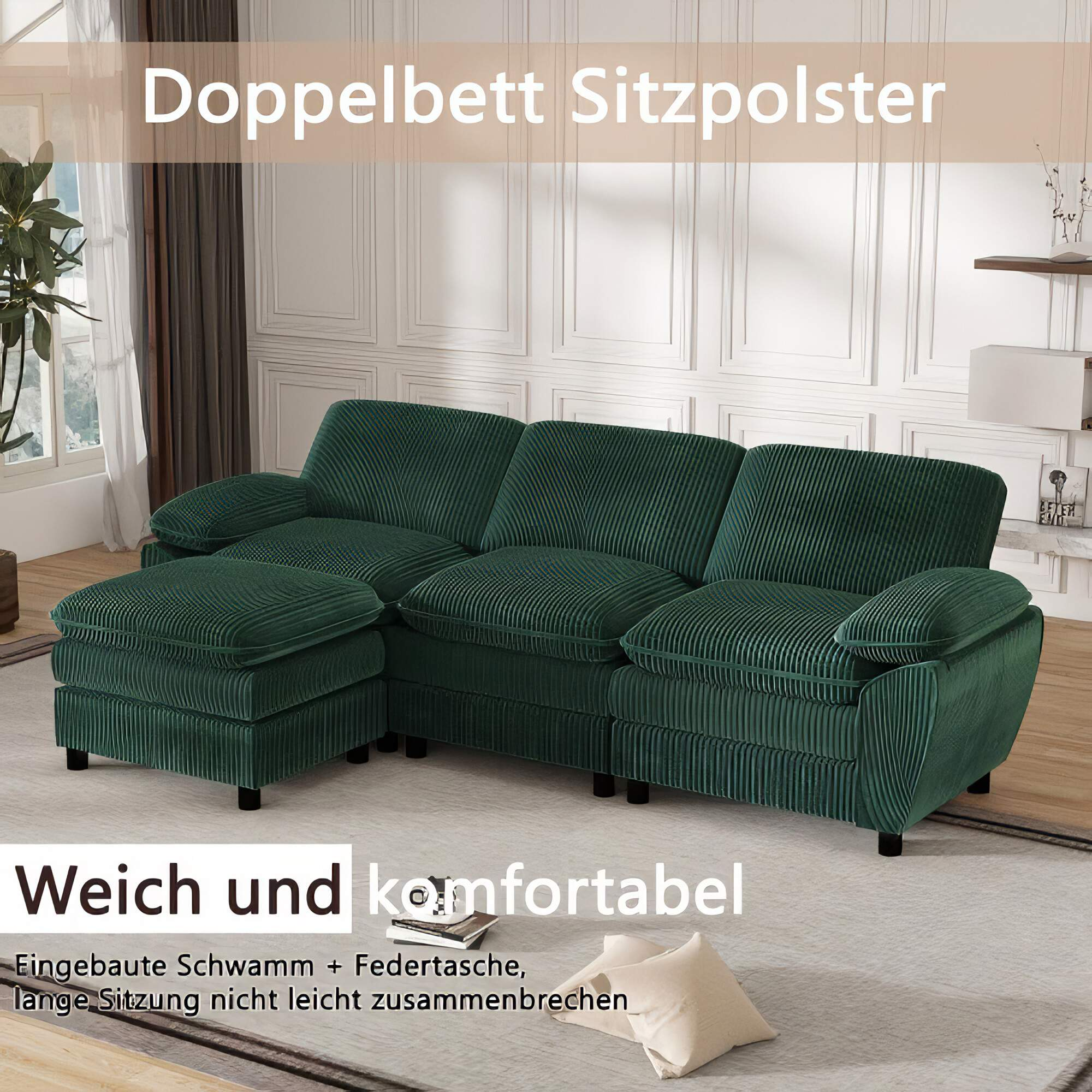 Ein grünes Cord-Ecksofa mit Ottoman, vor einer Wand und einem Teppich.