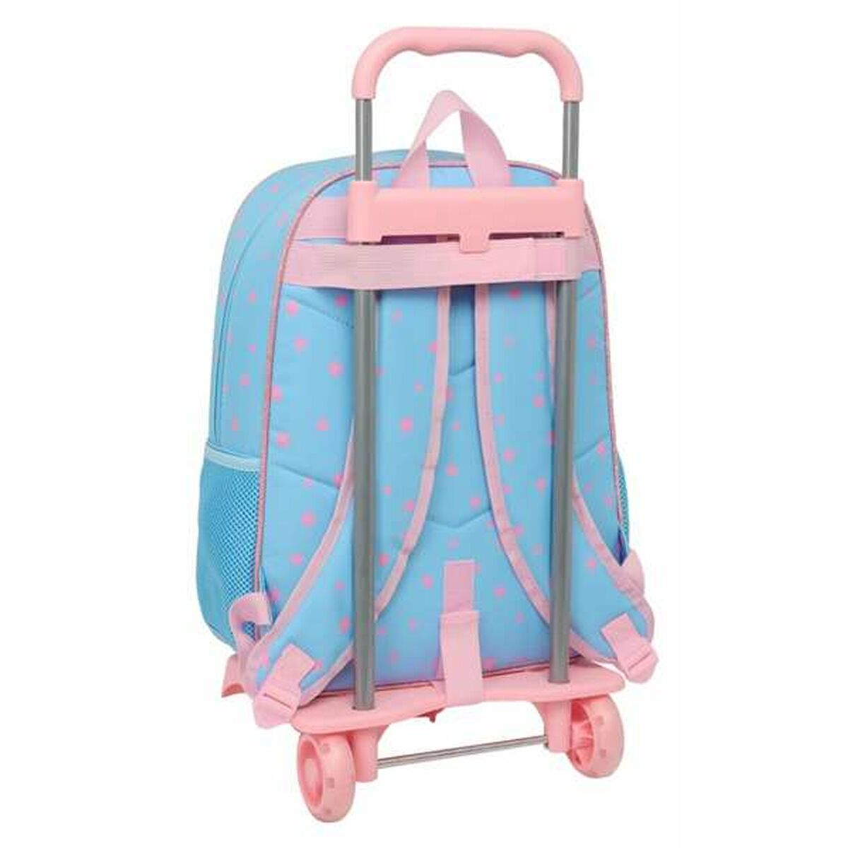 Die Rückseite eines blauen Rollrucksacks mit rosa Tupfen und einem rosa Griff.