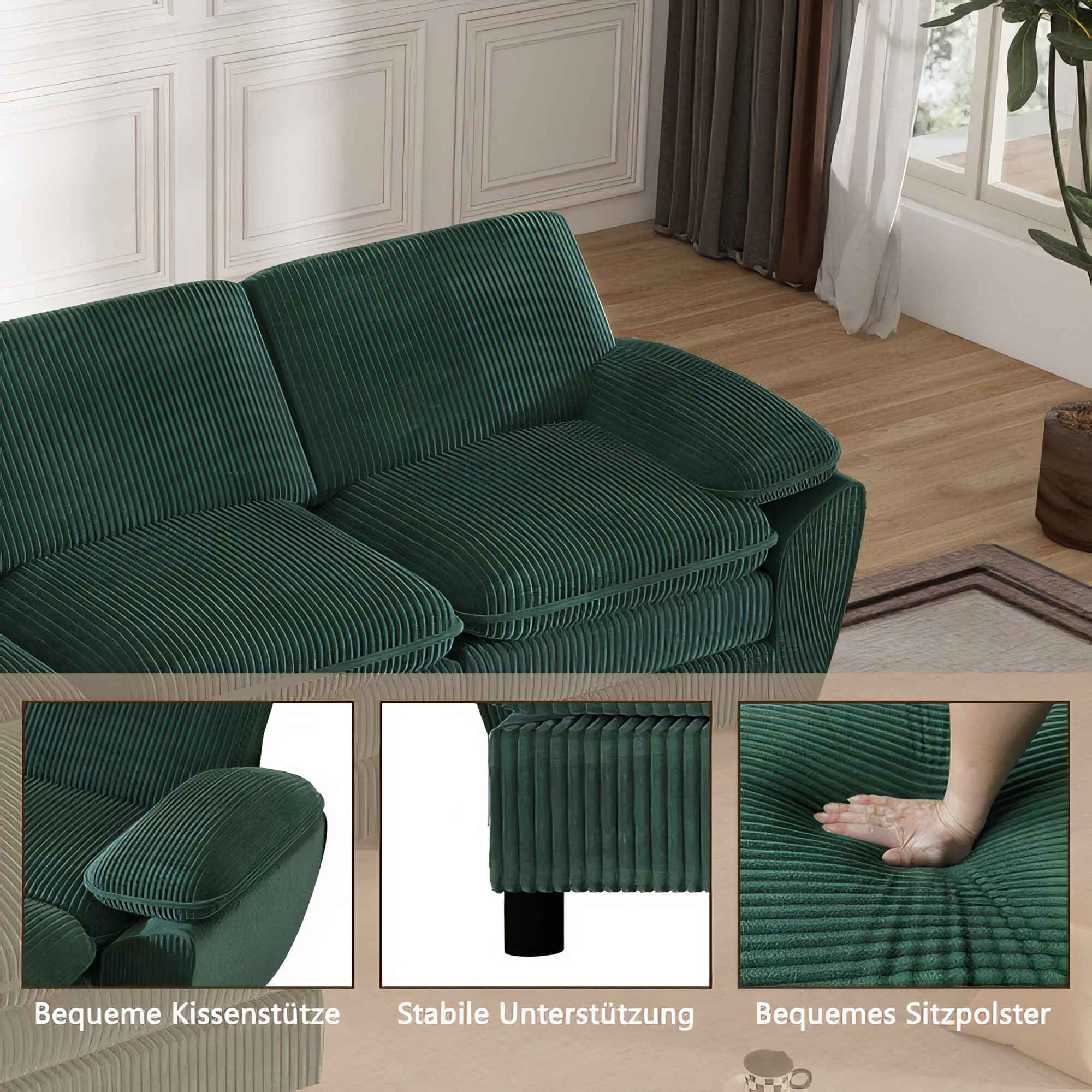 Nahaufnahme eines grünen Cordsofas mit Detailaufnahmen der Kissen und der Beinauflage.
