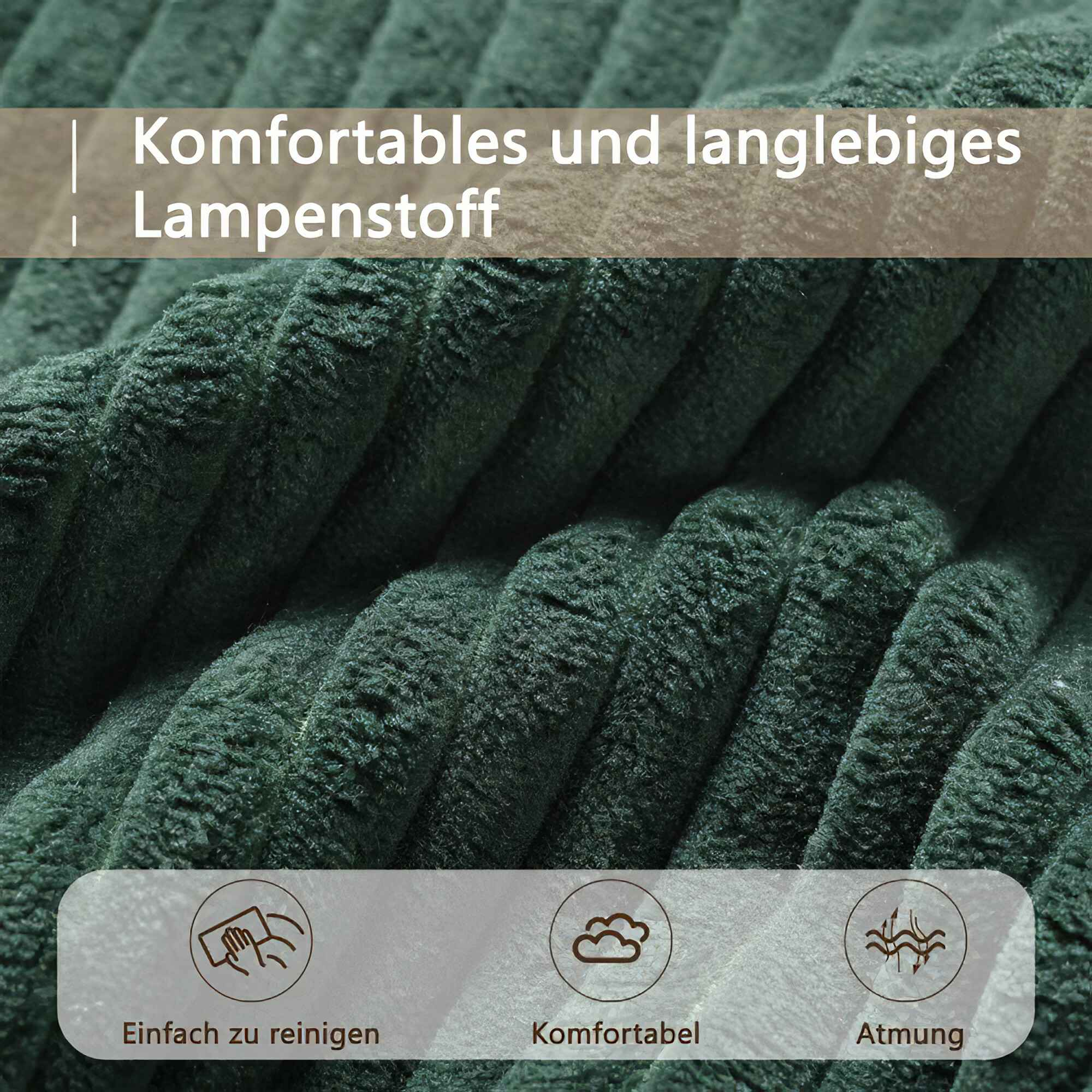 Grüner Cordstoff. Text sagt: 'Bequemer und langlebiger Lampenstoff'.
