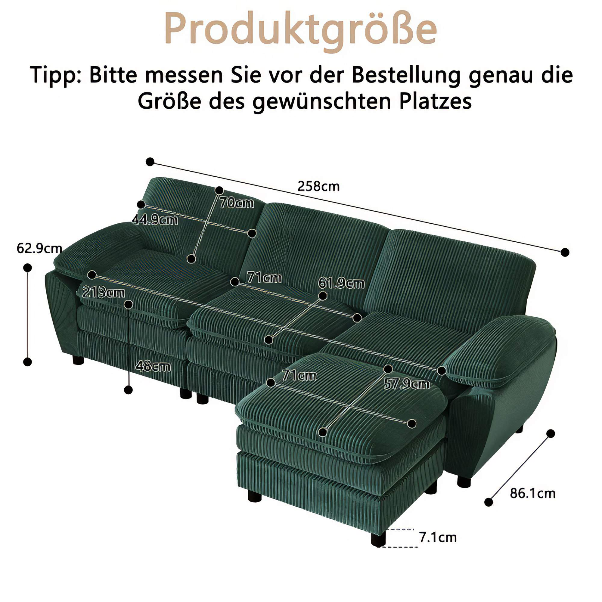 Diagramm eines grünen Cordsofas mit Abmessungen in Zentimetern.