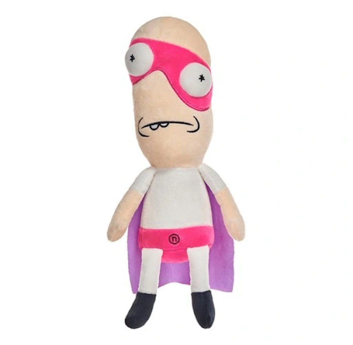 Ein Plüschtier einer Zeichentrickfigur mit rosa Maske und Umhang. Er hat große Augen.