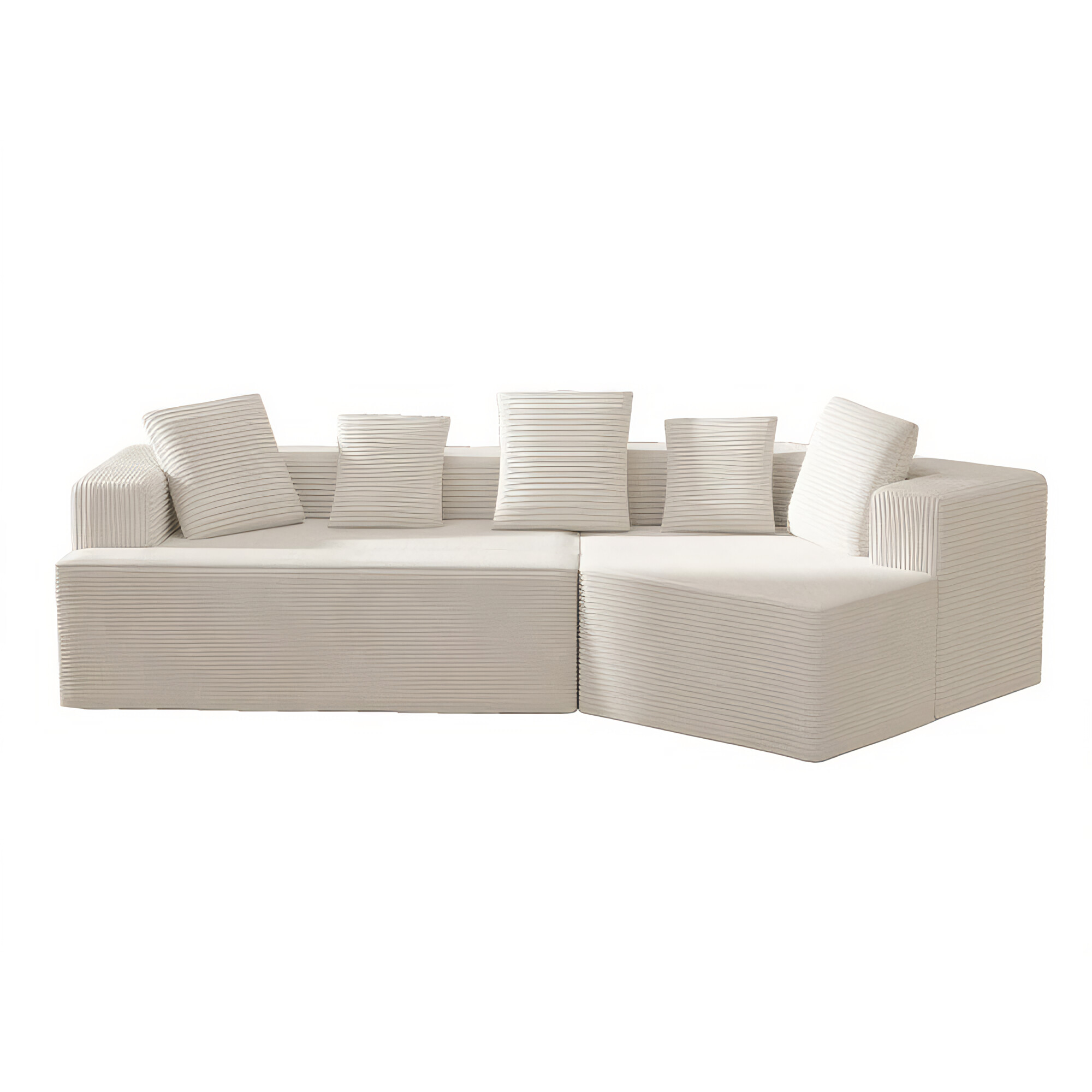 Ein weißes Ecksofa mit modernem Design. Es steht vor weißem Hintergrund und hat eine saubere Ästhetik.