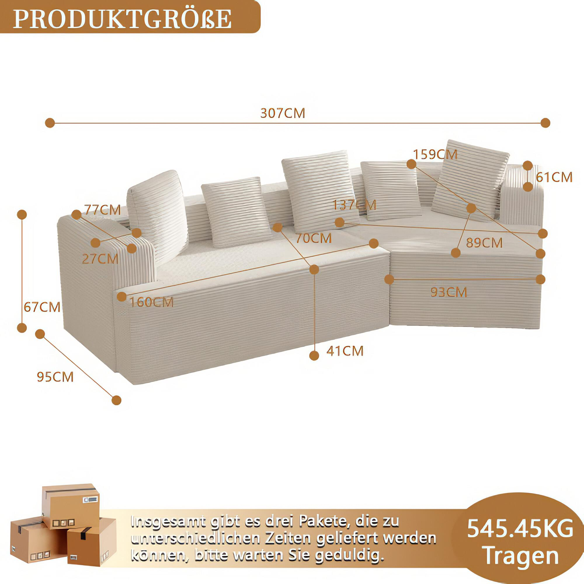 Weißes Ecksofa mit Maßangaben. Kartons links unten, Text auf Deutsch zur Lieferung.