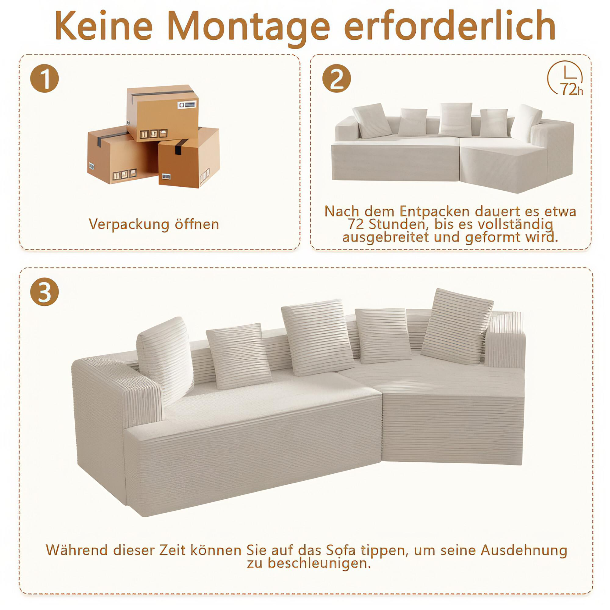 Diagramm, das das Auspacken und die Montage eines Sofas zeigt. Text auf Deutsch.
