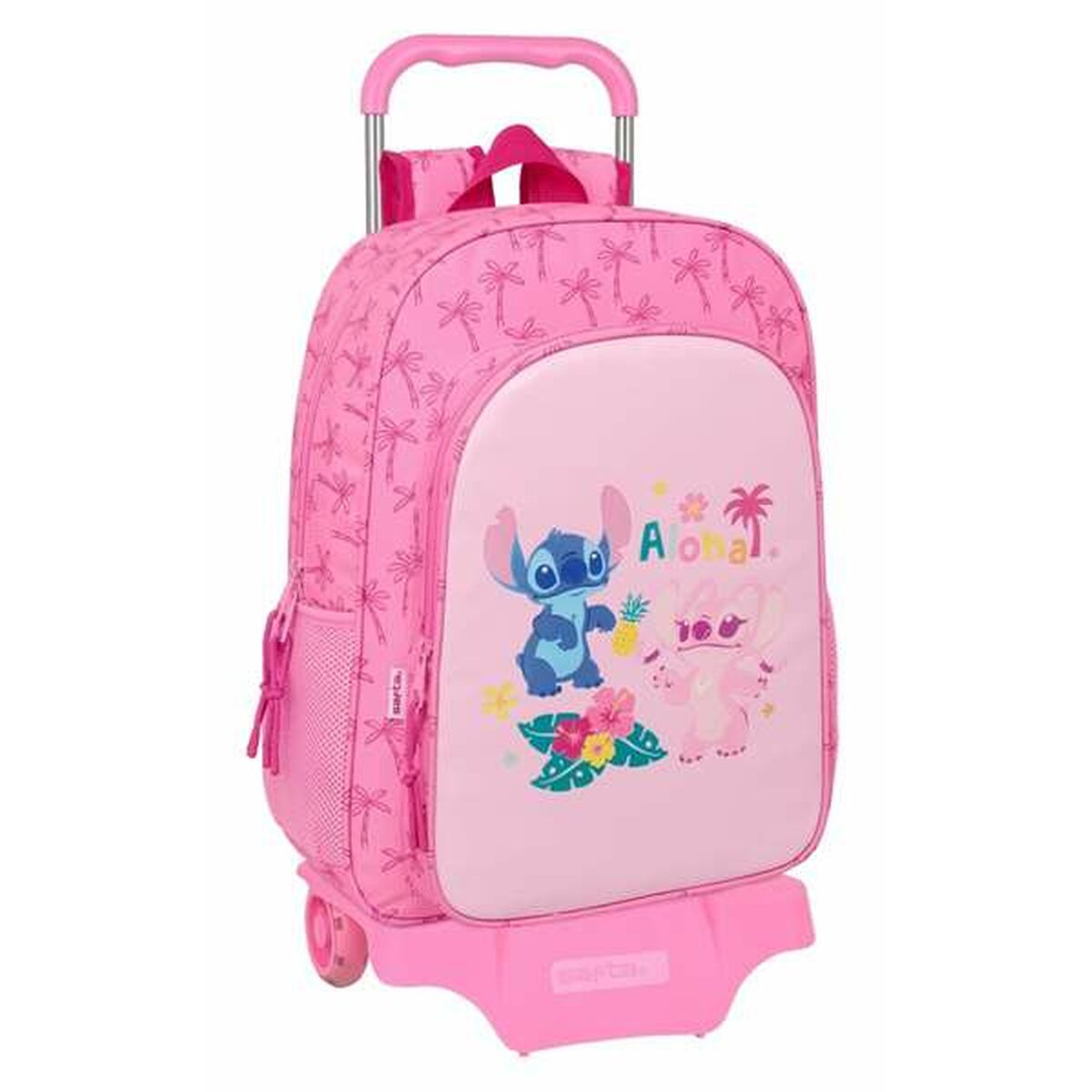 Ein rosa Stitch-Rollrucksack mit Aloha und einem Bild von Stitch und Angel.