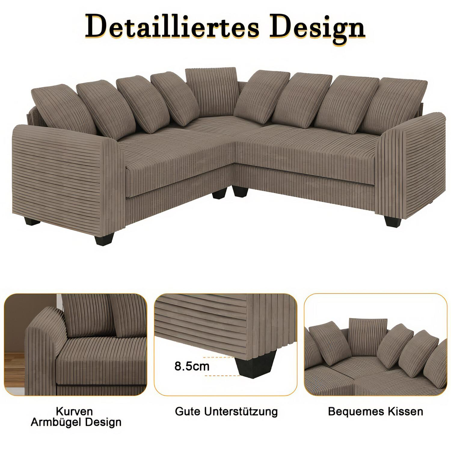 Ein Ecksofa in einem Raum. Es hat mehrere Kissen. Das Bild hat detaillierte Designmerkmale.