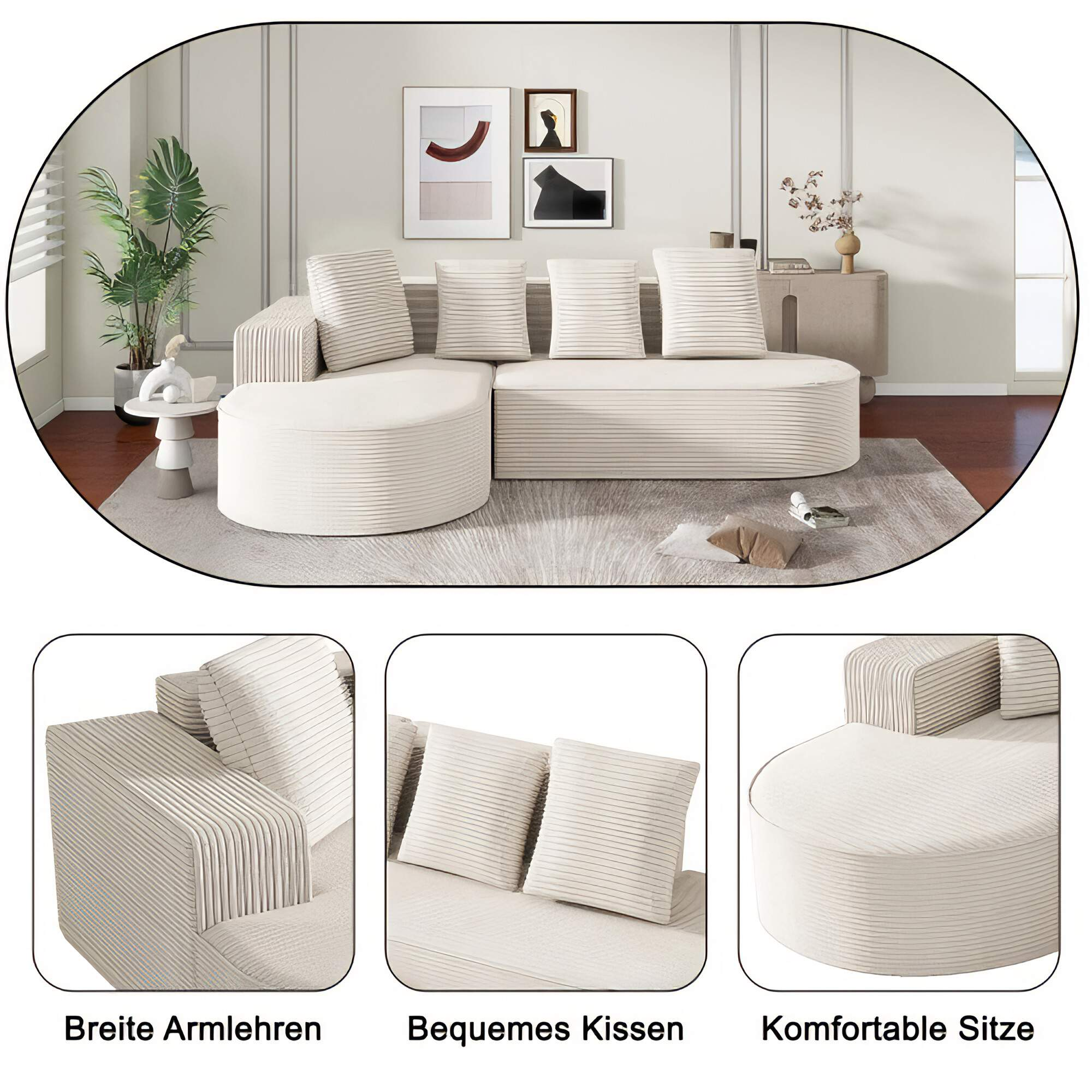 Ein weißes Ecksofa in einer Raumsituation. Es ist von Dekorelementen umgeben.
