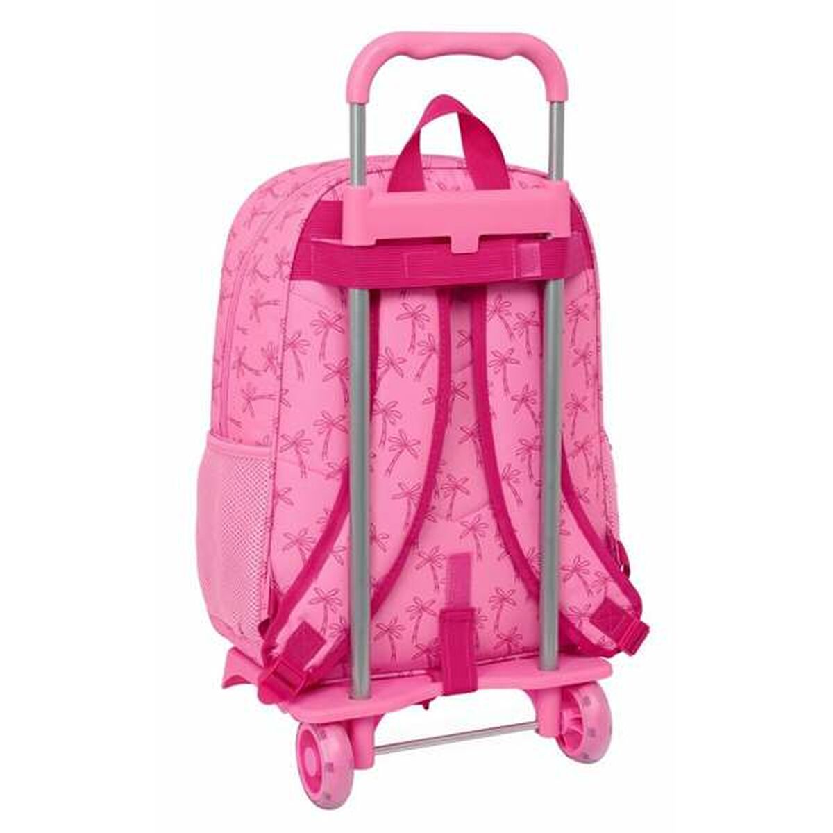 Rosa Rollrucksack mit Griff, zwei Rädern und einem rosa Muster.