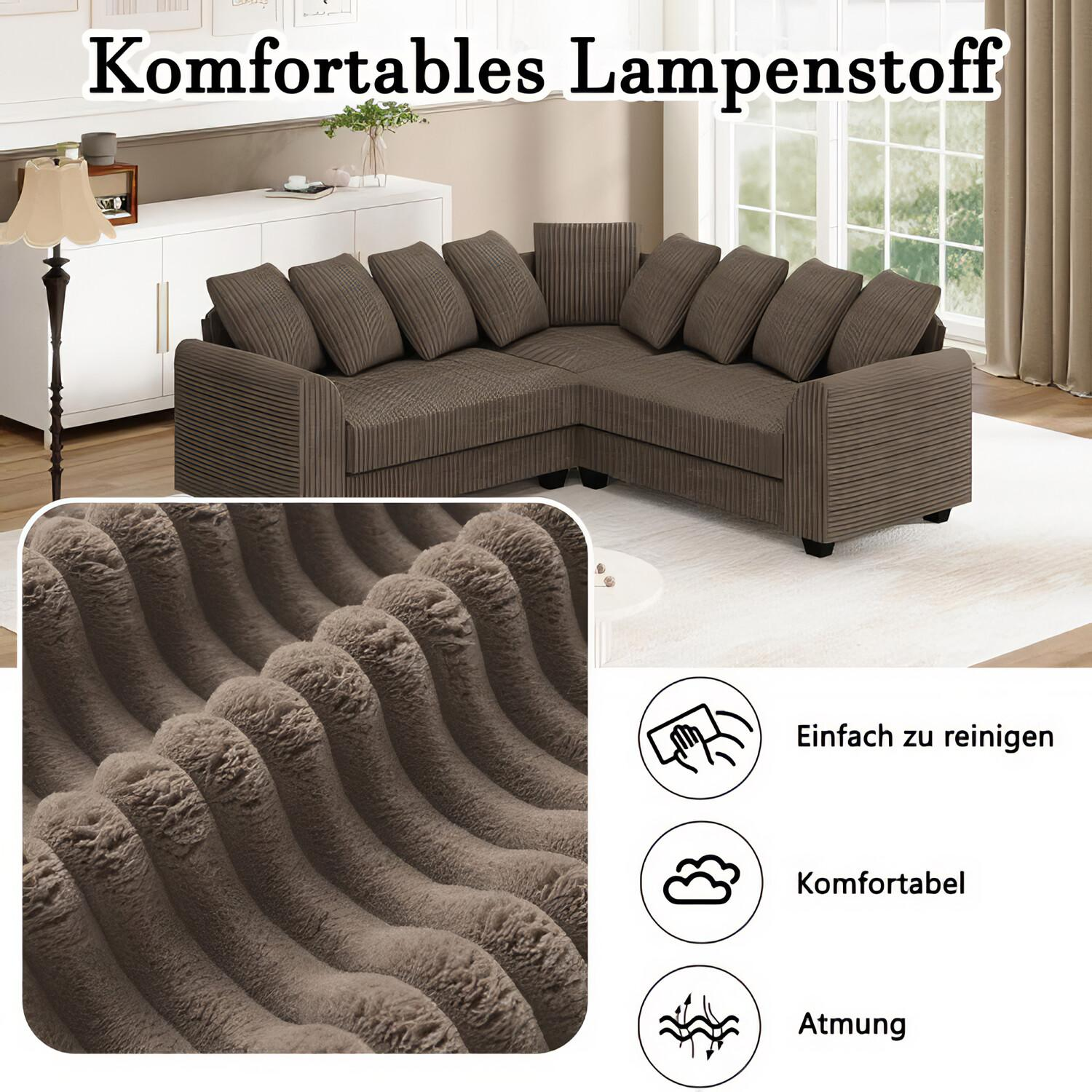 Ein braunes Ecksofa mit Nahaufnahme des Stoffes, Symbolen für einfache Reinigung, Komfort und Atmungsaktivität.