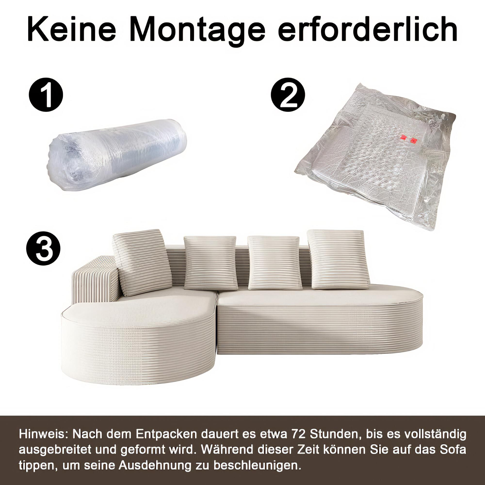 Drei Artikel: eine gerollte Plastikfolie, eine Plastiktüte und ein beiges Ecksofa mit Text-Overlay.