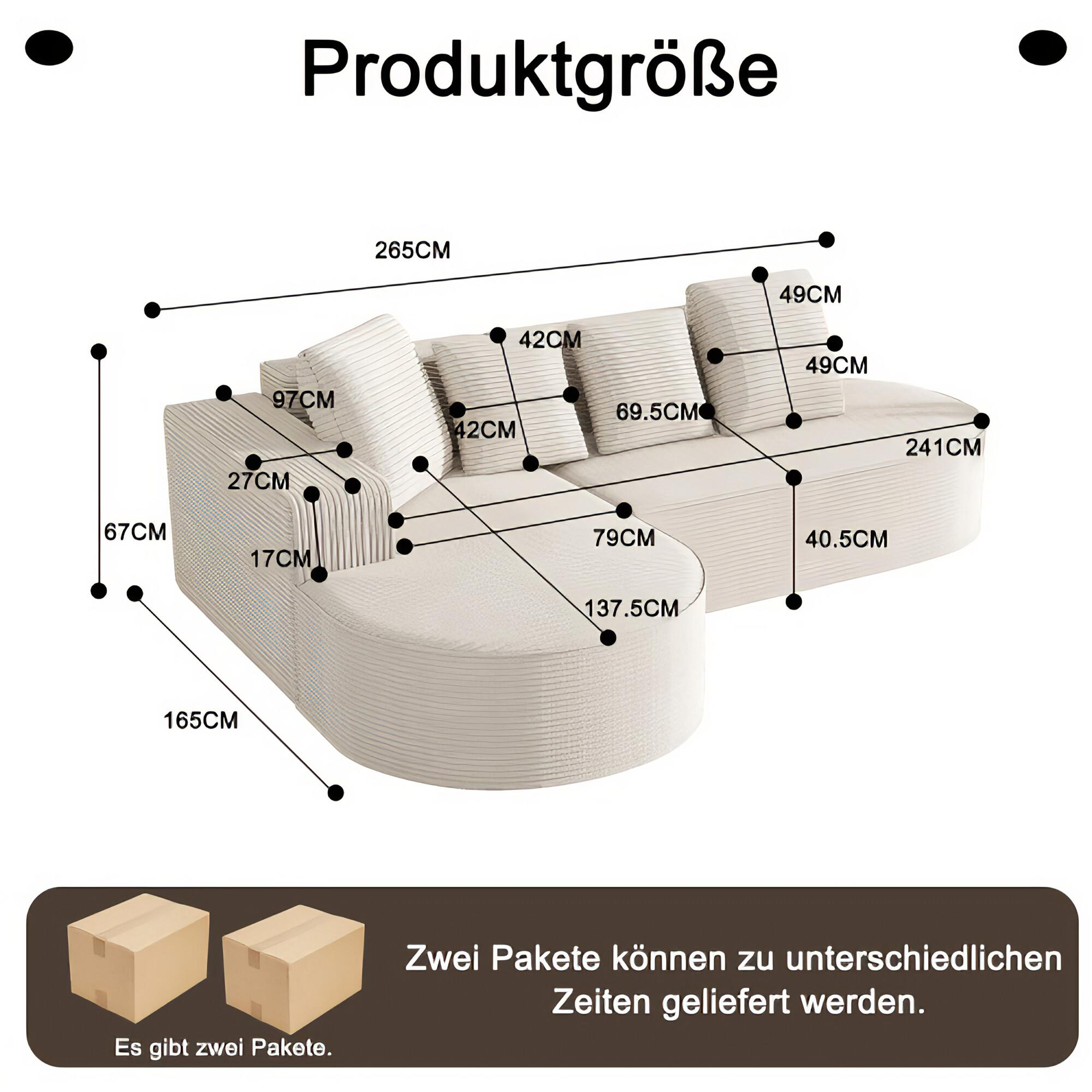 Diagramm mit Abmessungen eines Ecksofas, mit Maßen in Zentimetern.