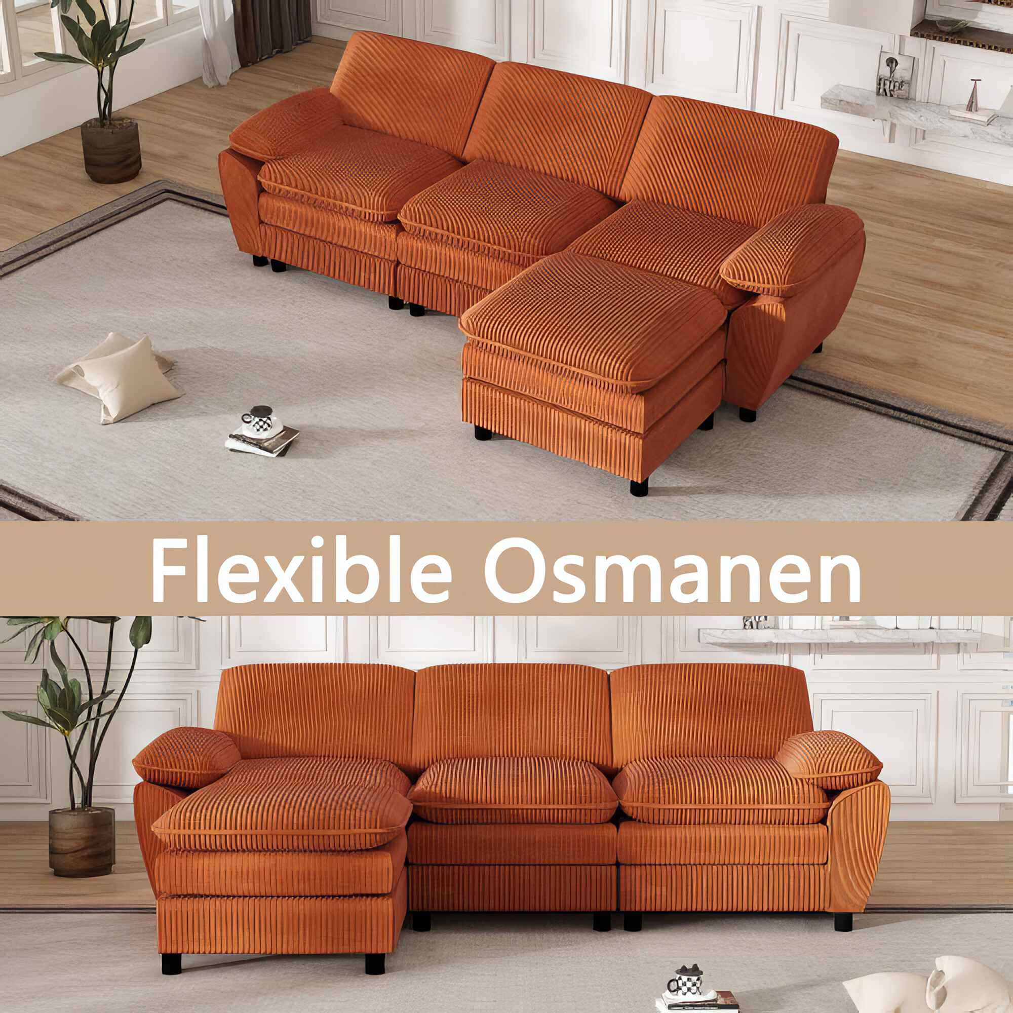 Ein orangefarbenes Cord-Ecksofa mit Ottomane, auf einem hellen Teppich in einer hellen Raumumgebung.