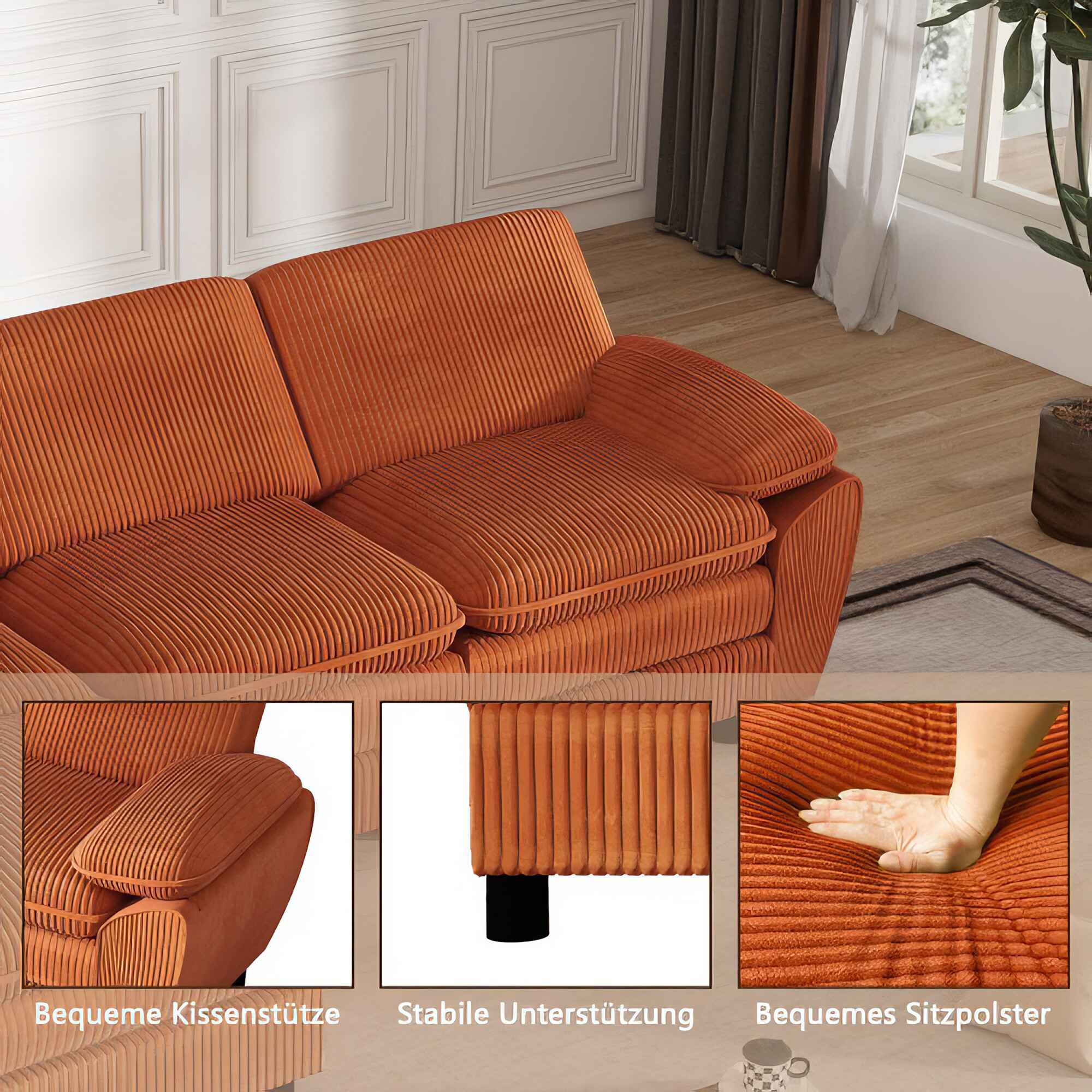 Nahaufnahme eines orangefarbenen Cordsofas. Merkmale: gepolsterte Armlehne, stabile Stütze und bequemer Sitz.