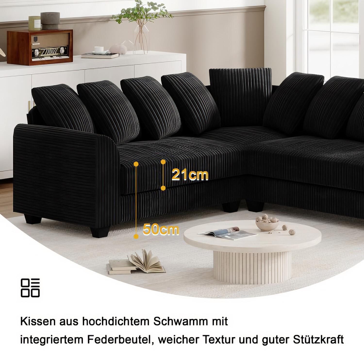 Schwarzes Cord-Ecksofa mit Kissen, das Abmessungen zeigt; vor hellem Hintergrund.