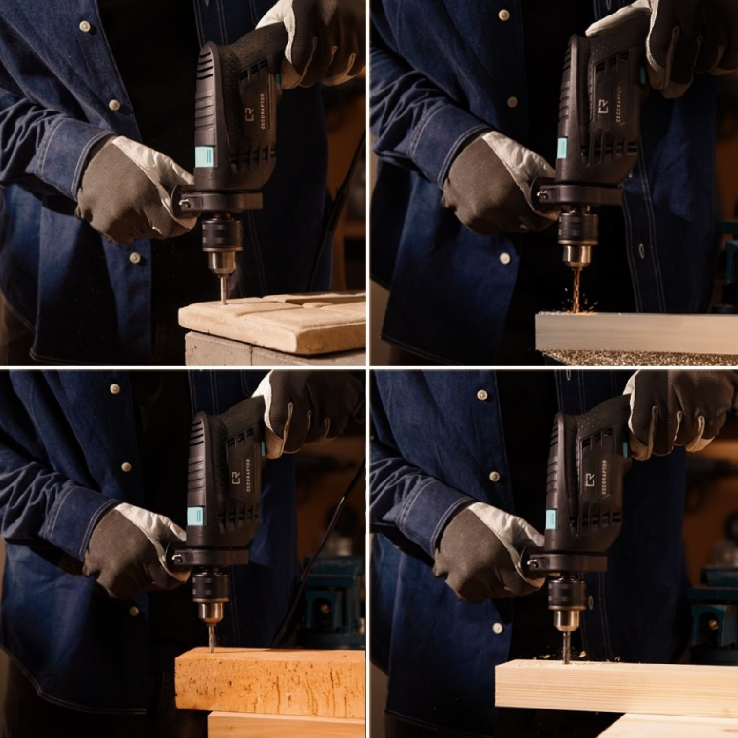 Vier-Bilder-Sequenz beim Bohren in Holz. Fokus auf Bohrfunktion und Holzspäne.